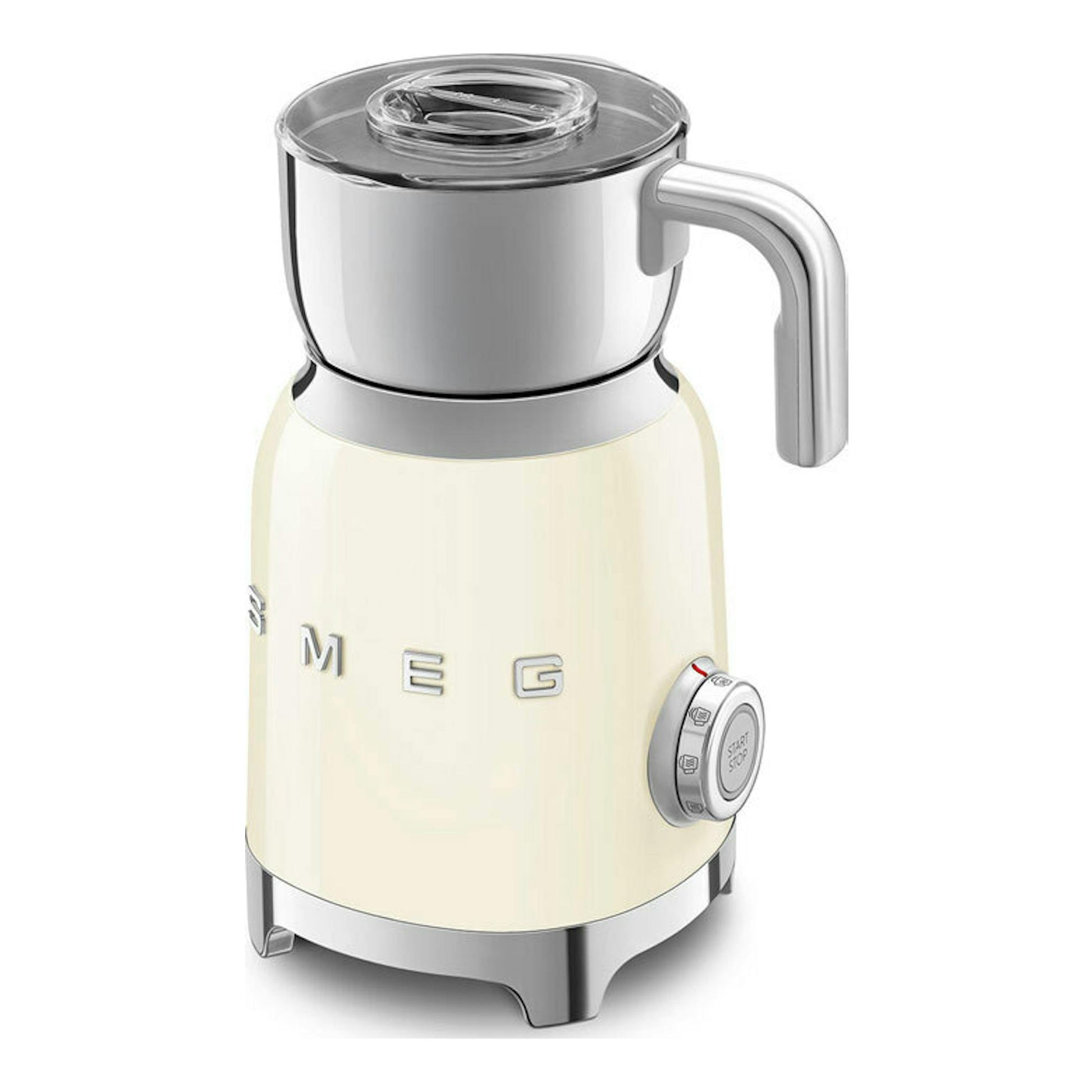 Espumador de leche Smeg MFF11CREU crema, vista frontal en ángulo, con jarra de acero y cuerpo color crema.