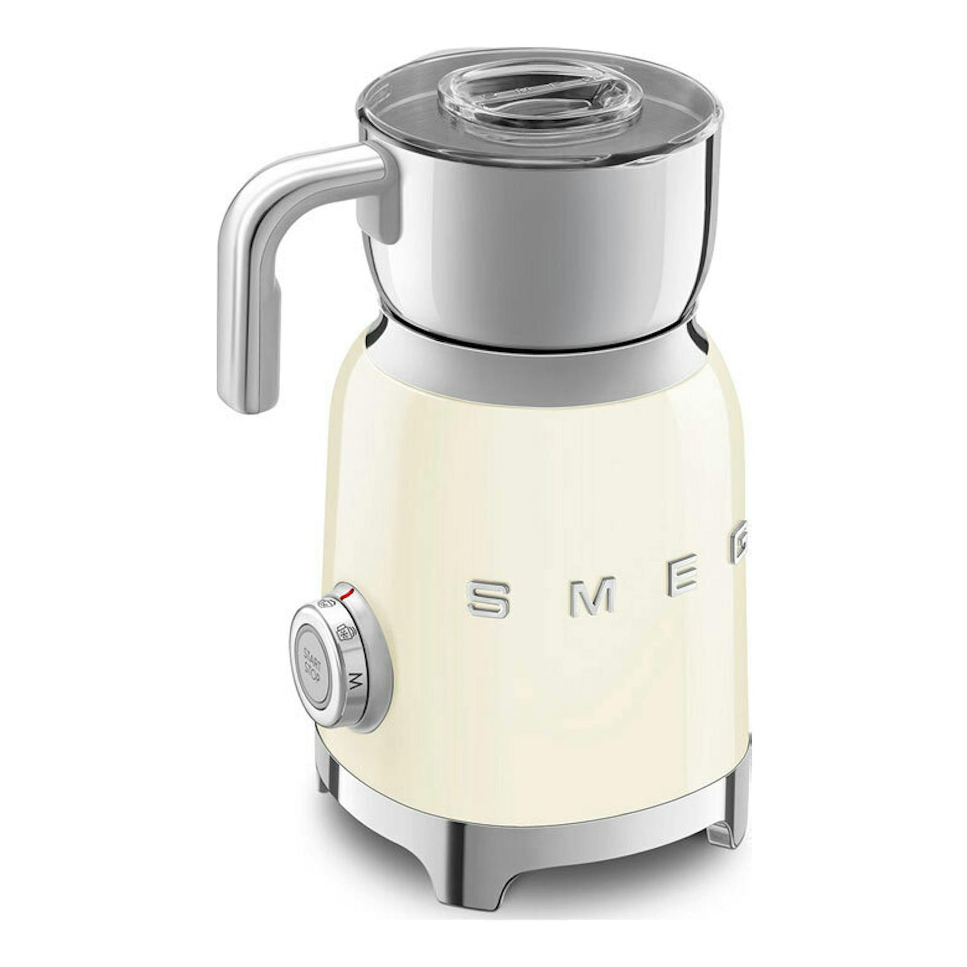 Espumador de leche Smeg MFF11CREU crema, vista frontal en tres cuartos, con jarra metálica y tapa transparente.