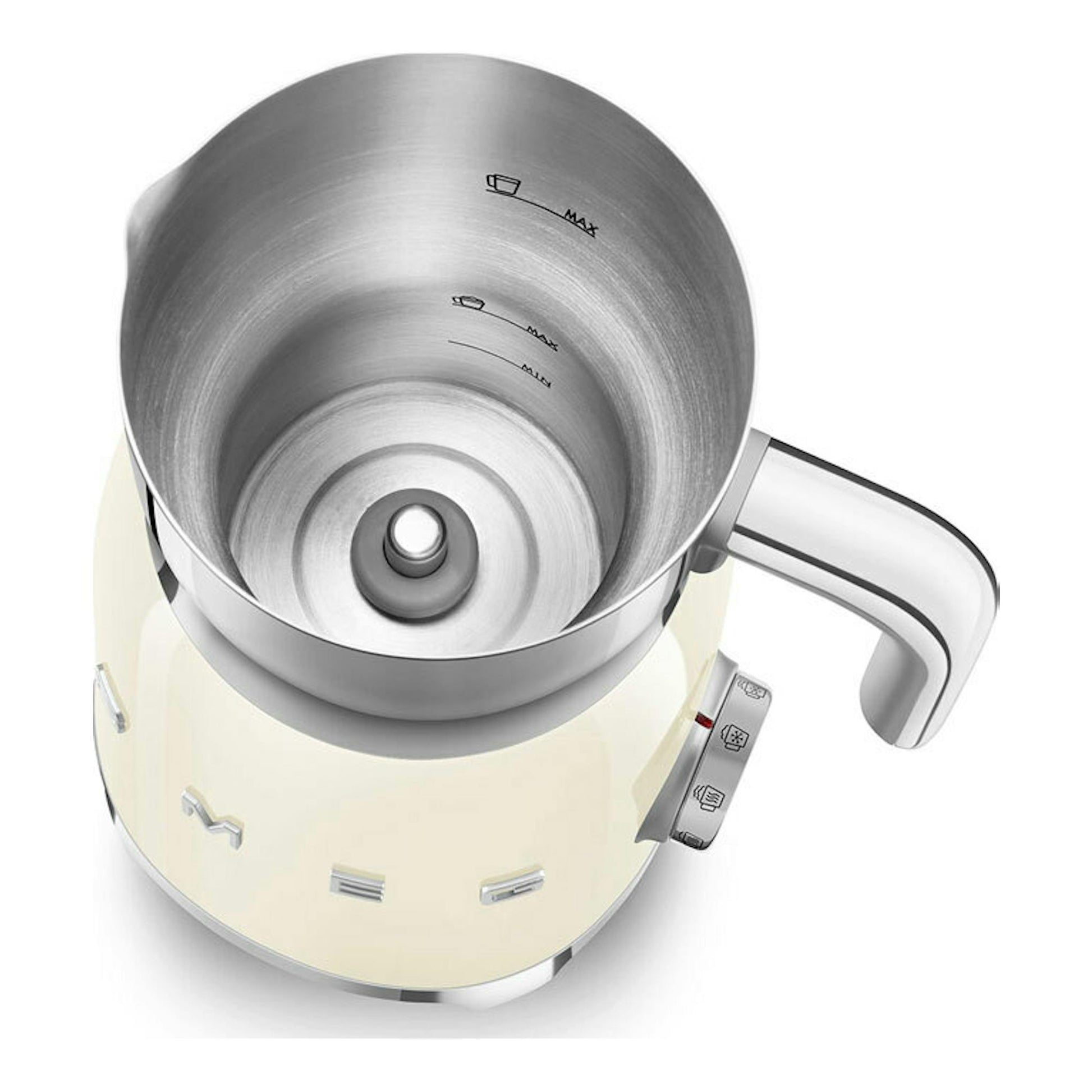 Espumador de leche Smeg MFF11CREU color crema, vista superior en ángulo, con jarra metálica y asa lateral.