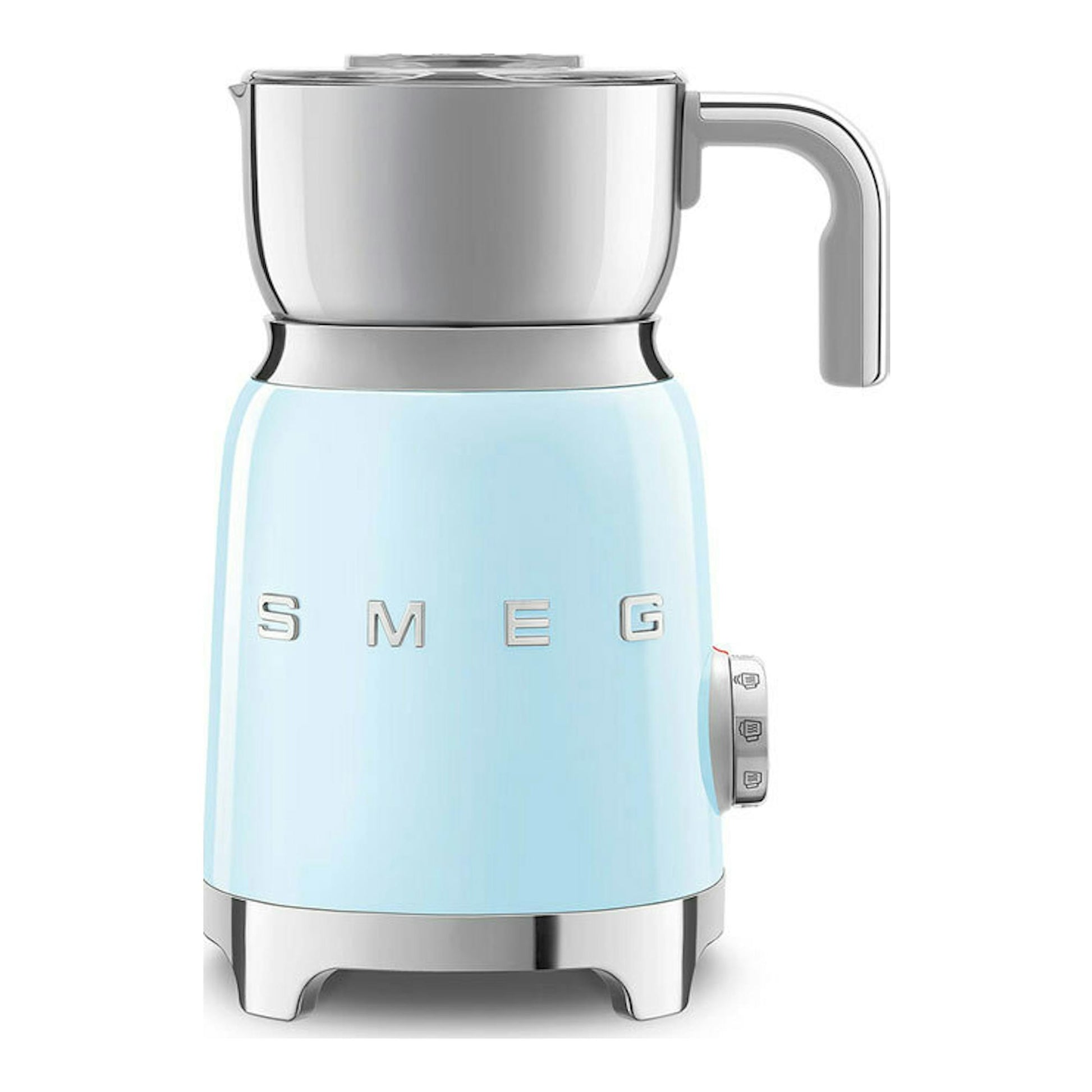Espumador de leche Smeg MFF11PBEU azul claro, vista frontal, con jarra de acero inoxidable y mango lateral.