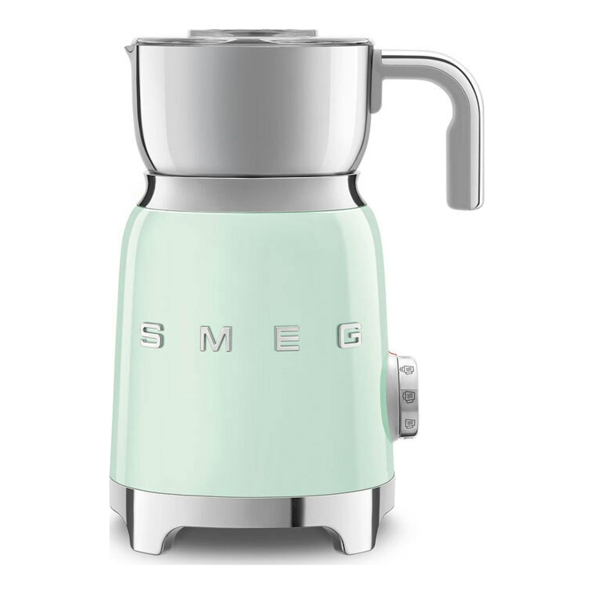 Espumador de leche Smeg MFF11PGEU verde menta, vista frontal, con jarra de acero inoxidable y mango lateral.