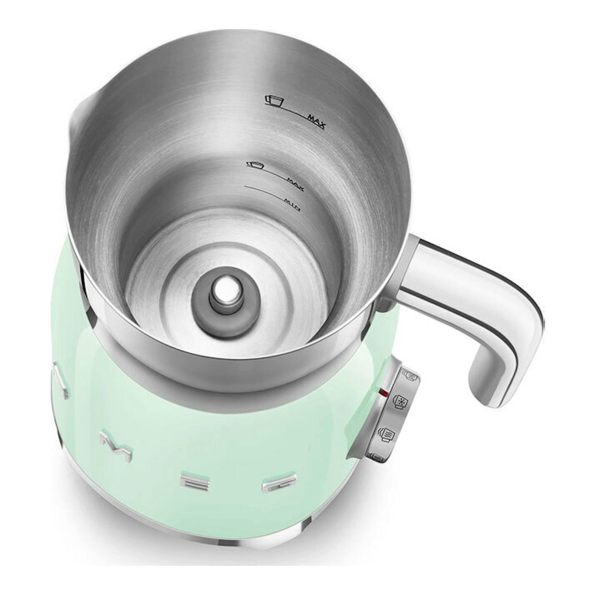 Espumador de leche Smeg MFF11PGEU verde menta, vista superior, interior de acero inoxidable y asa a la derecha.