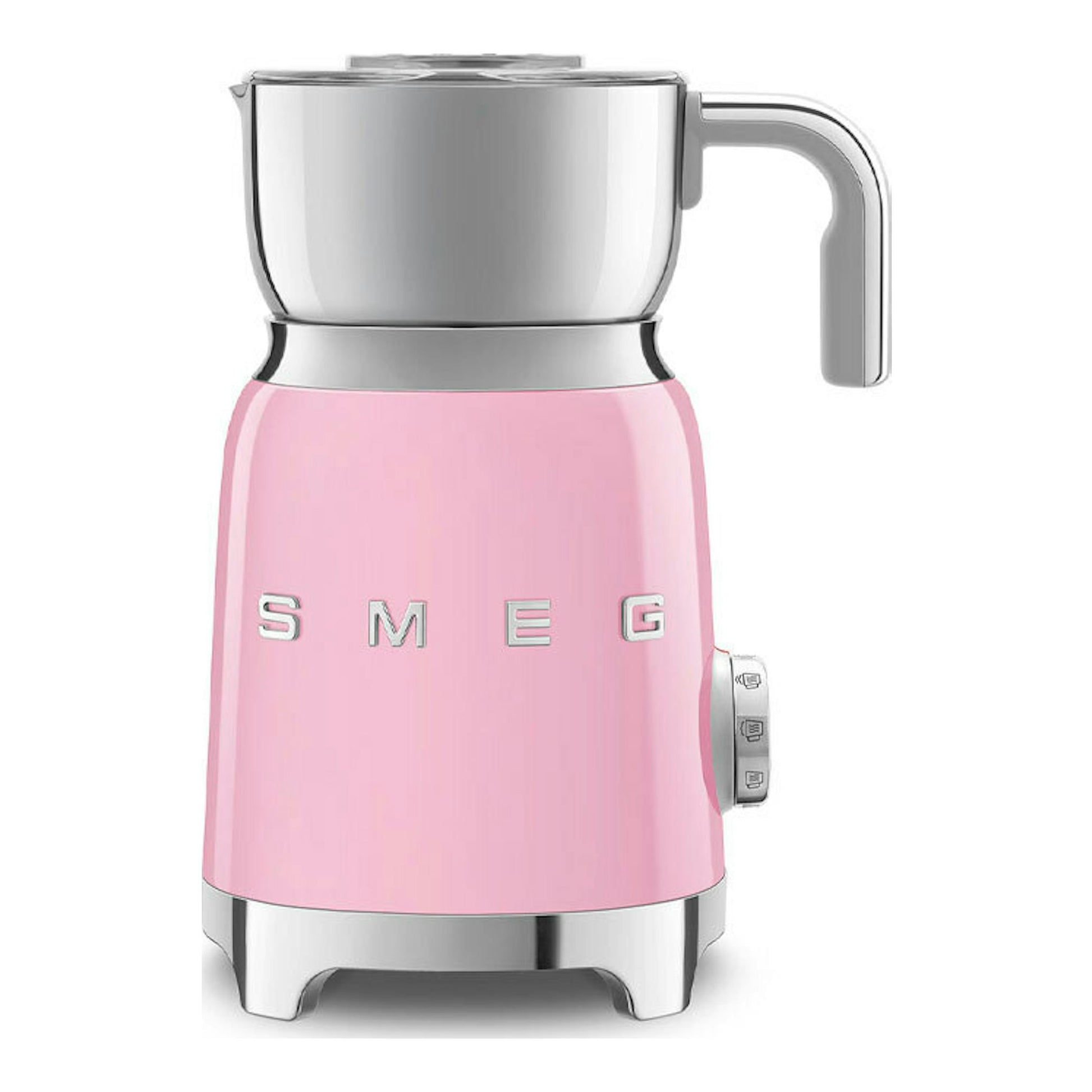 Espumador de leche Smeg MFF11PKEU rosa con jarra de acero inoxidable, vista frontal.
