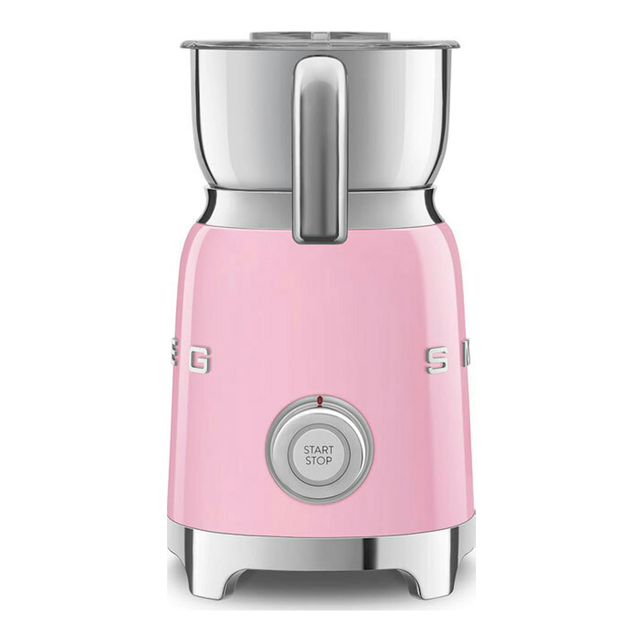 Espumador de leche Smeg MFF11PKEU rosa y acero inoxidable, vista frontal.