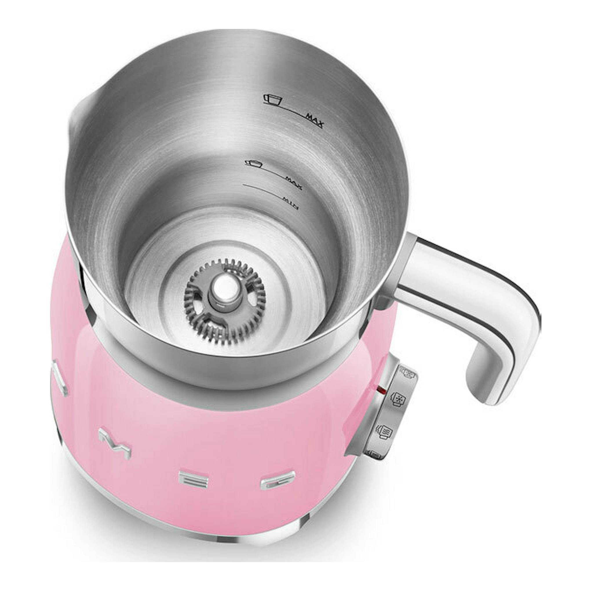 Espumador de leche Smeg MFF11PKEU rosa, vista superior, con jarra de acero inoxidable y asa lateral.