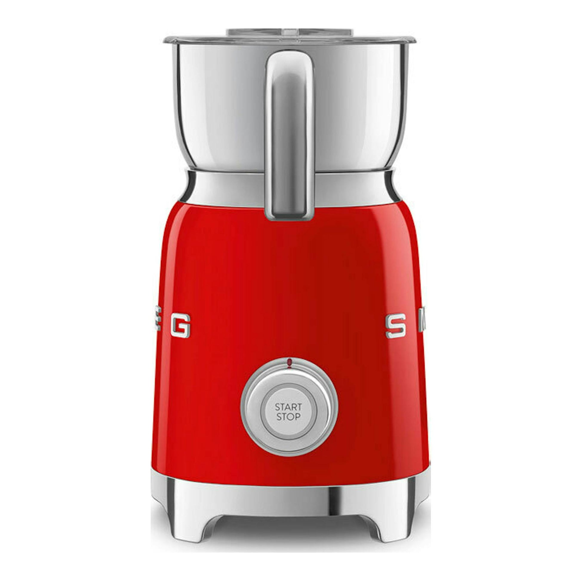 Espumador de leche Smeg MFF11RDEU rojo, vista frontal, con cuerpo rojo y parte superior de acero inoxidable.