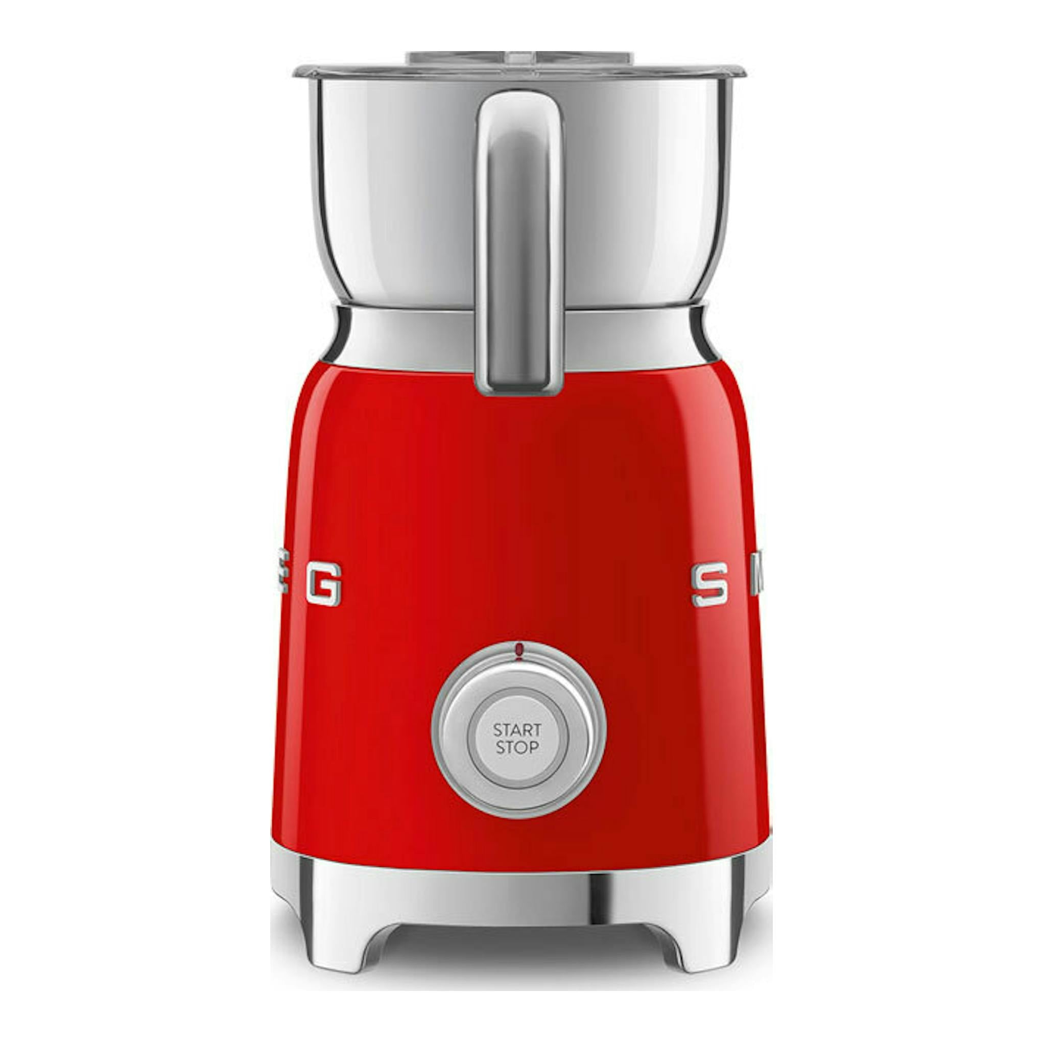 Espumador de leche Smeg MFF11RDEU rojo, vista frontal, con cuerpo rojo y parte superior de acero inoxidable.