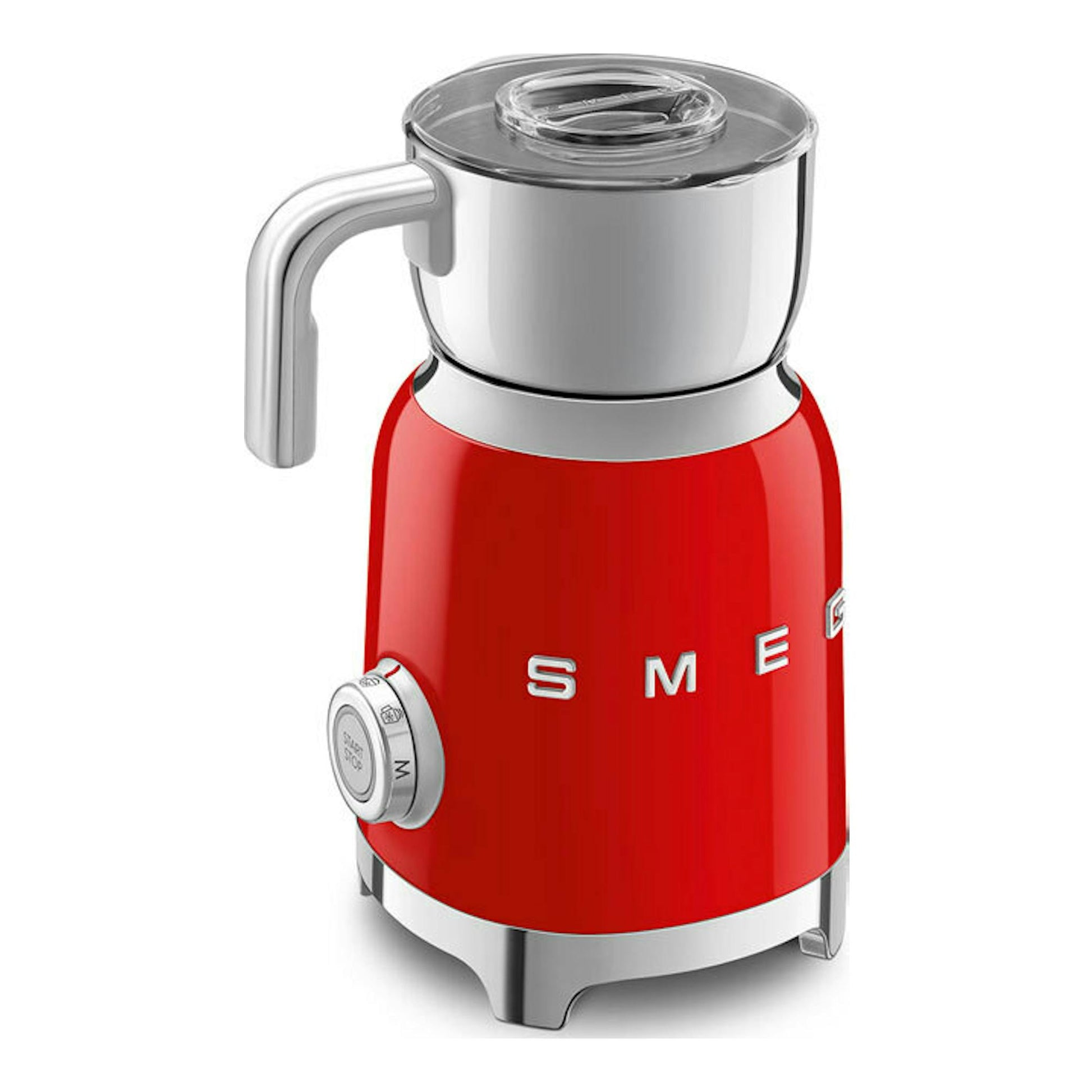 Espumador de leche Smeg MFF11RDEU rojo, vista frontal izquierda, con jarra metálica y base cromada.