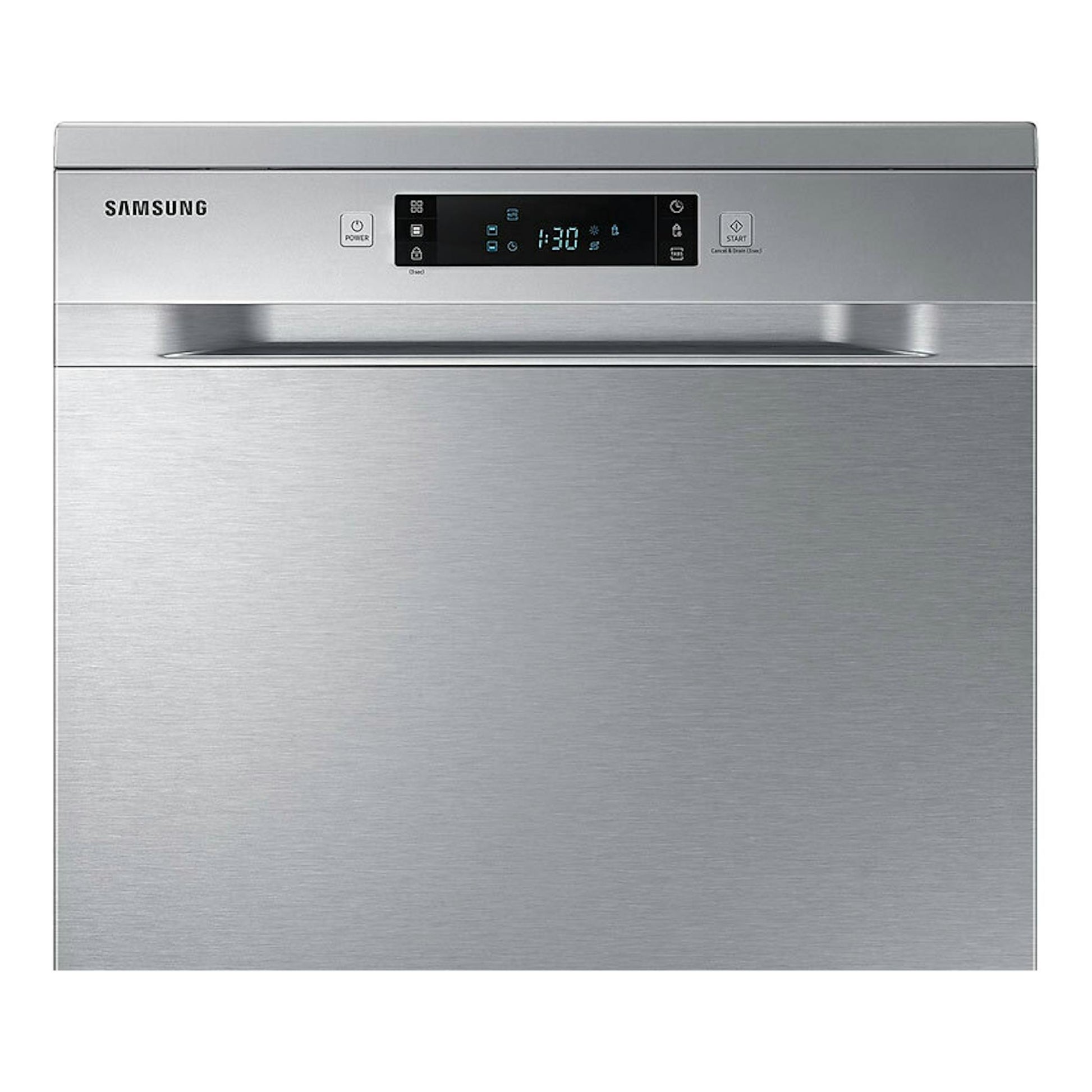 Lavavajillas Samsung DW60A6092FS/ET de acero inoxidable, vista frontal.