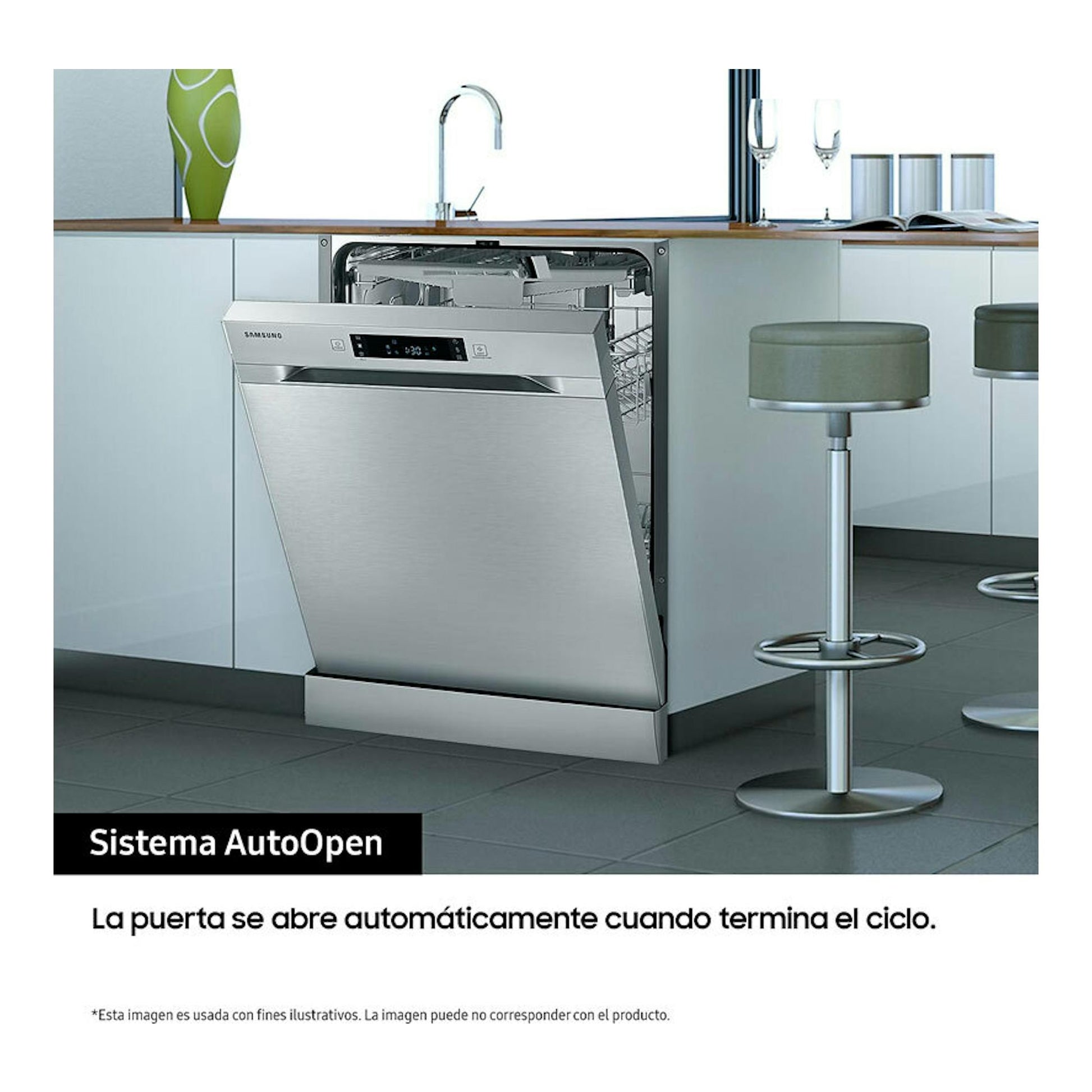 Lavavajillas Samsung DW60A6092FS/ET de acero inoxidable, empotrado y con la puerta abierta en una cocina.