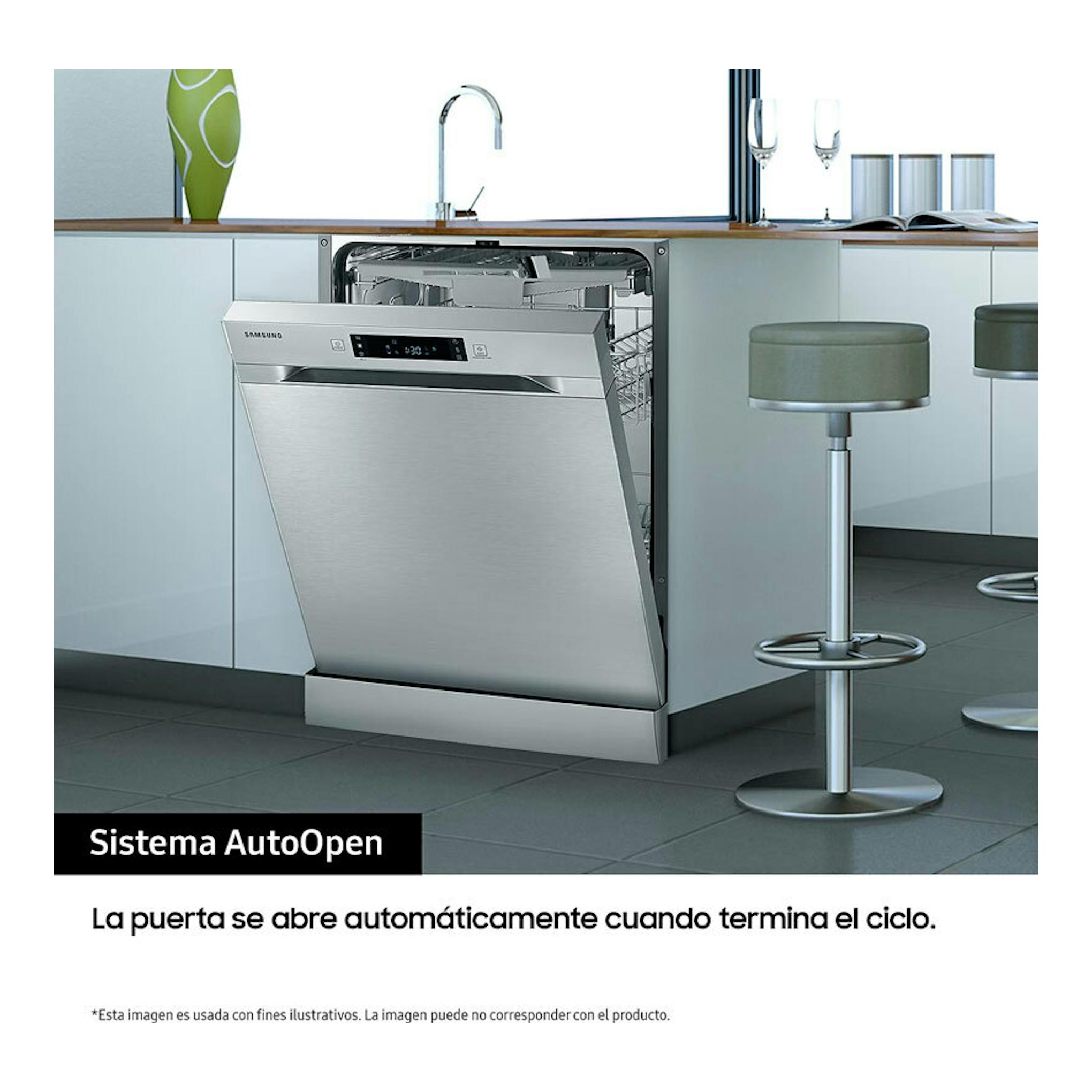 Lavavajillas Samsung DW60A6092FS/ET de acero inoxidable, empotrado y con la puerta abierta en una cocina.