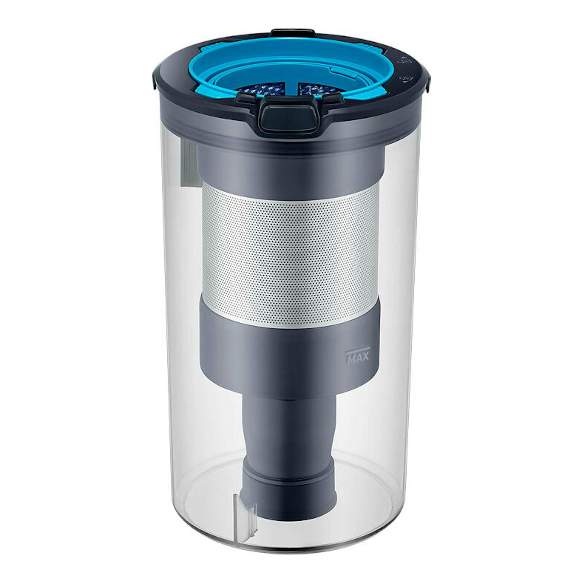 Samsung VS15A6031R4/ET: depósito cilíndrico transparente con filtro gris, tapa negra y azul, vista frontal.