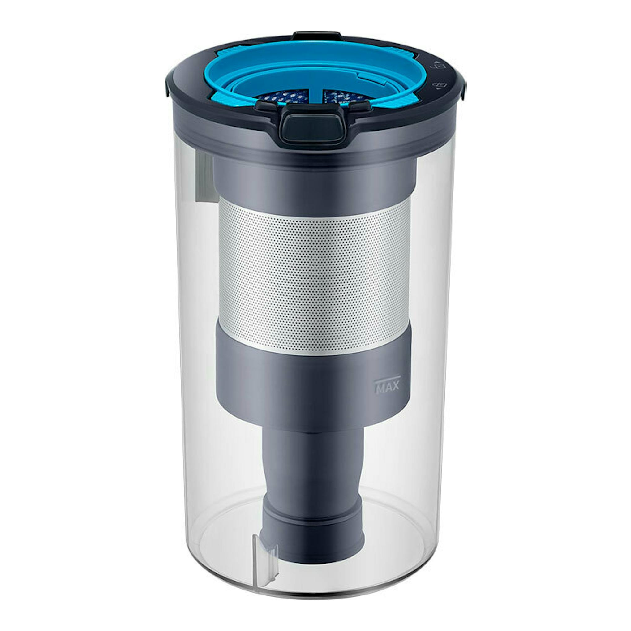 Samsung VS15A6031R4/ET: depósito cilíndrico transparente con filtro gris, tapa negra y azul, vista frontal.
