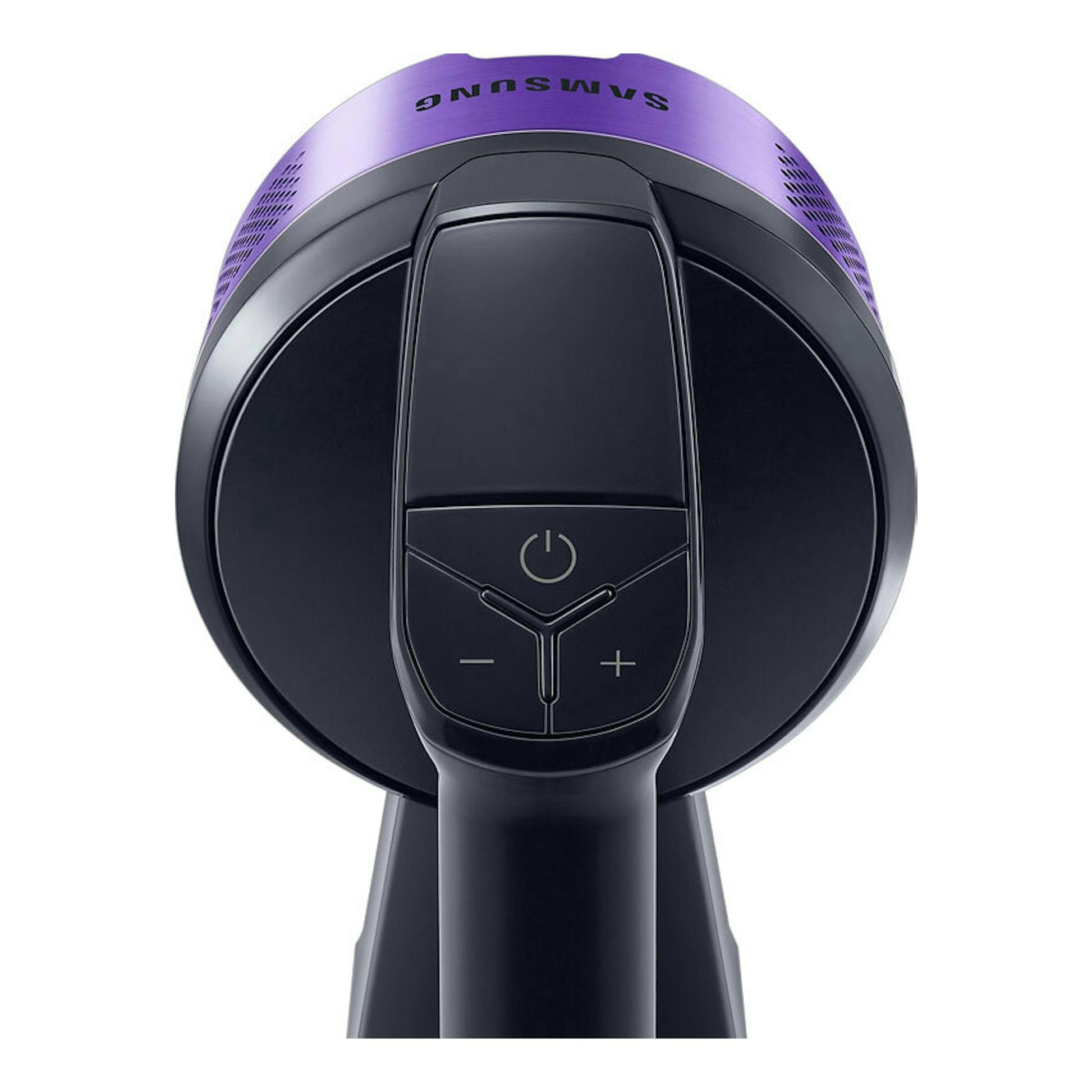 Aspirador escoba Samsung VS15A6031R4/ET violeta y negro, vista frontal del cuerpo con botones.