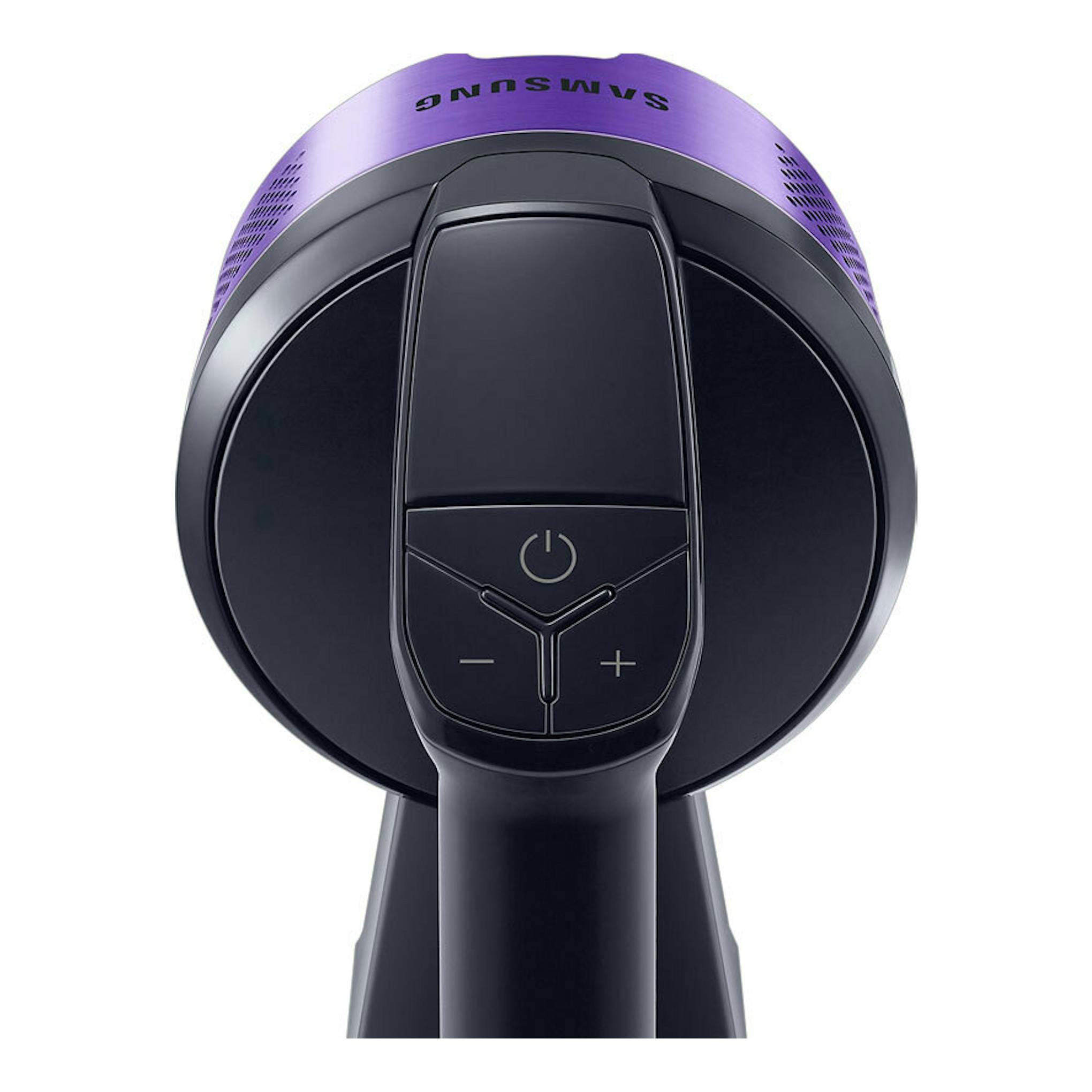 Aspirador escoba Samsung VS15A6031R4/ET violeta y negro, vista frontal del cuerpo con botones.