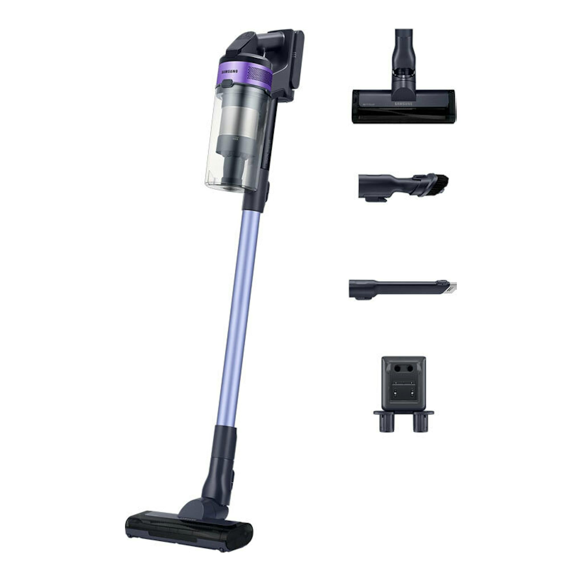 Aspirador escoba Samsung VS15A6031R4/ET violeta y negro, con accesorios, vista frontal sobre fondo blanco