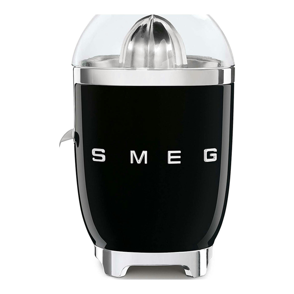 Exprimidor Smeg CJF01BLEU negro, vista frontal, con tapa transparente y detalles cromados.