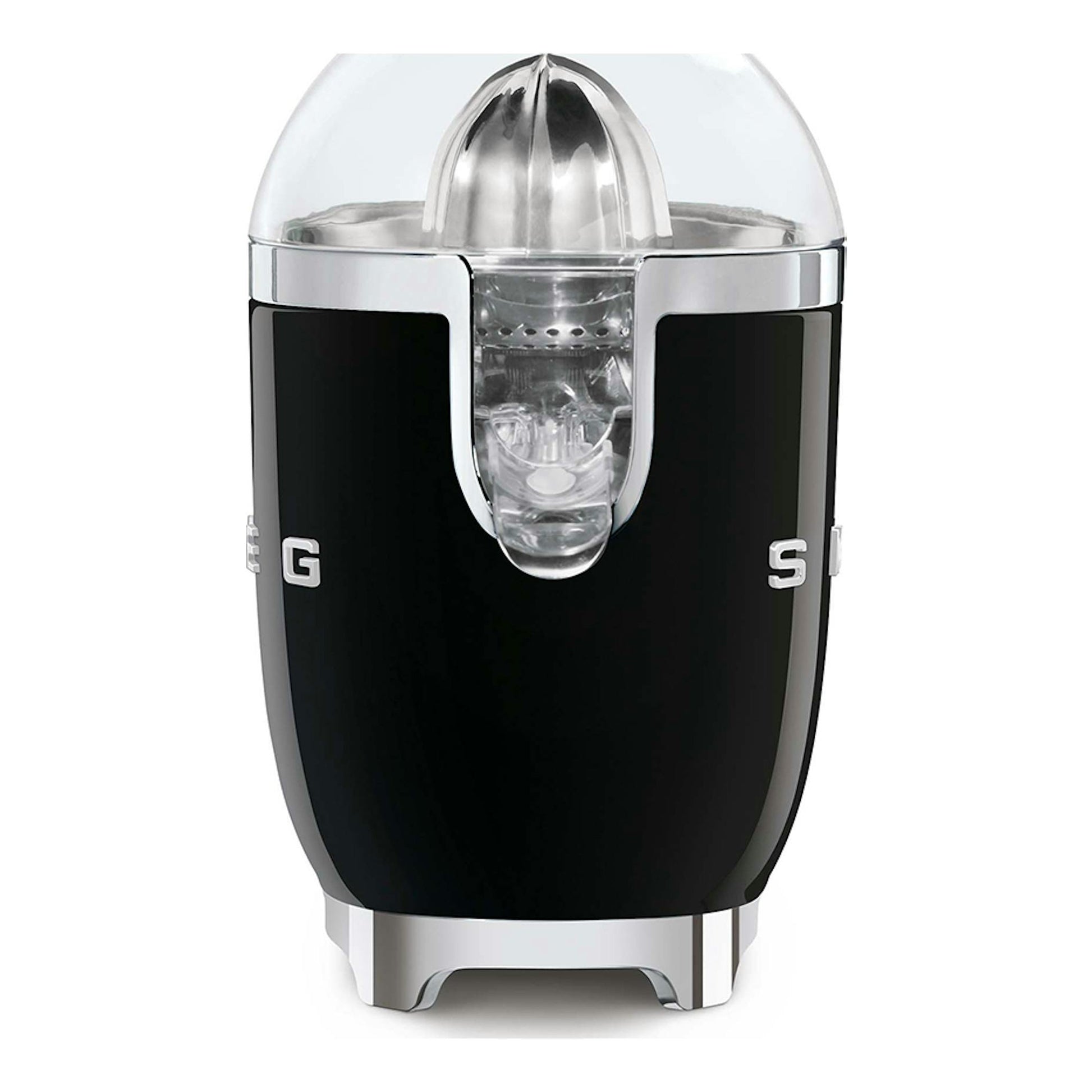 Exprimidor Smeg CJF01BLEU negro, vista frontal, con tapa transparente y cuerpo cromado.