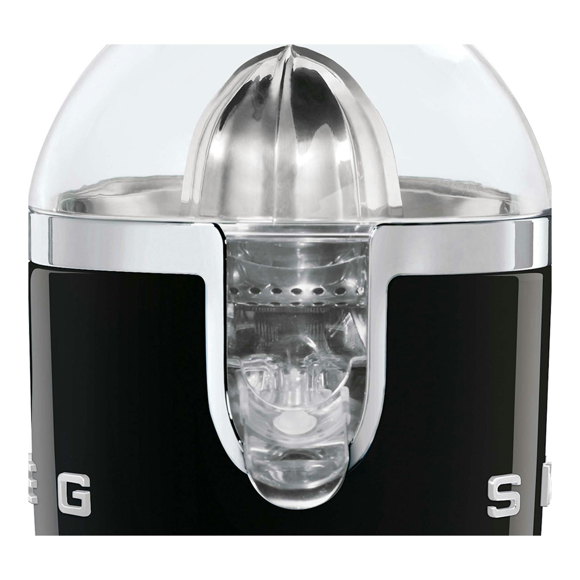 Exprimidor Smeg CJF01BLEU negro con detalles cromados, vista frontal con tapa transparente.
