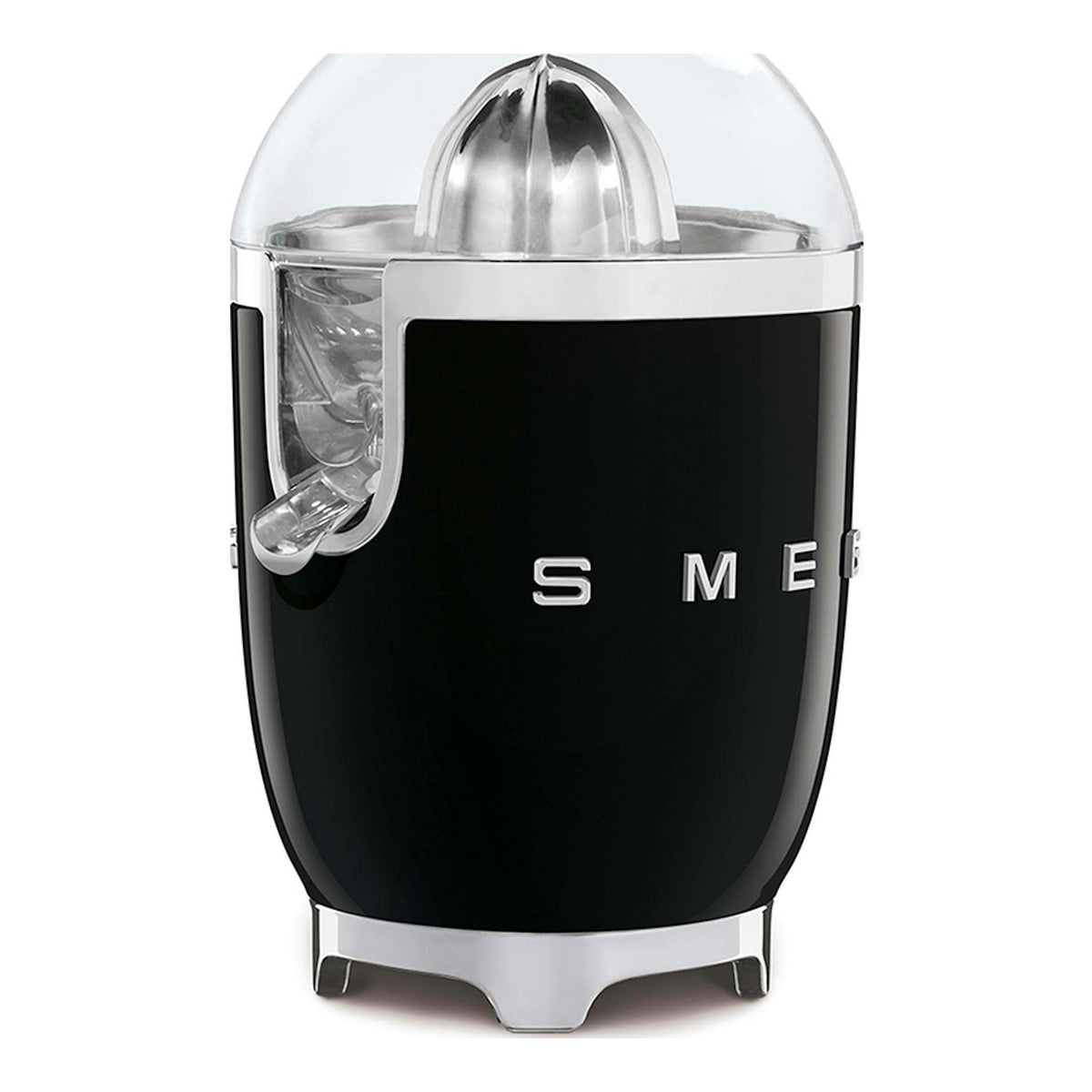 Exprimidor Smeg CJF01BLEU negro, vista frontal, con tapa transparente y base cromada.