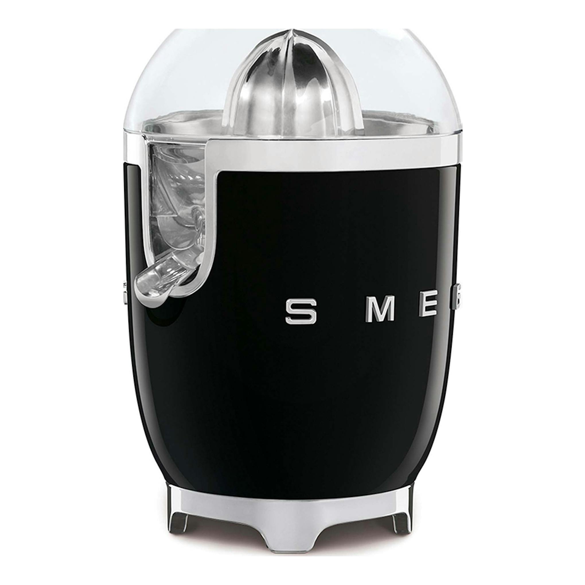 Exprimidor Smeg CJF01BLEU negro, vista frontal, con tapa transparente y base cromada.