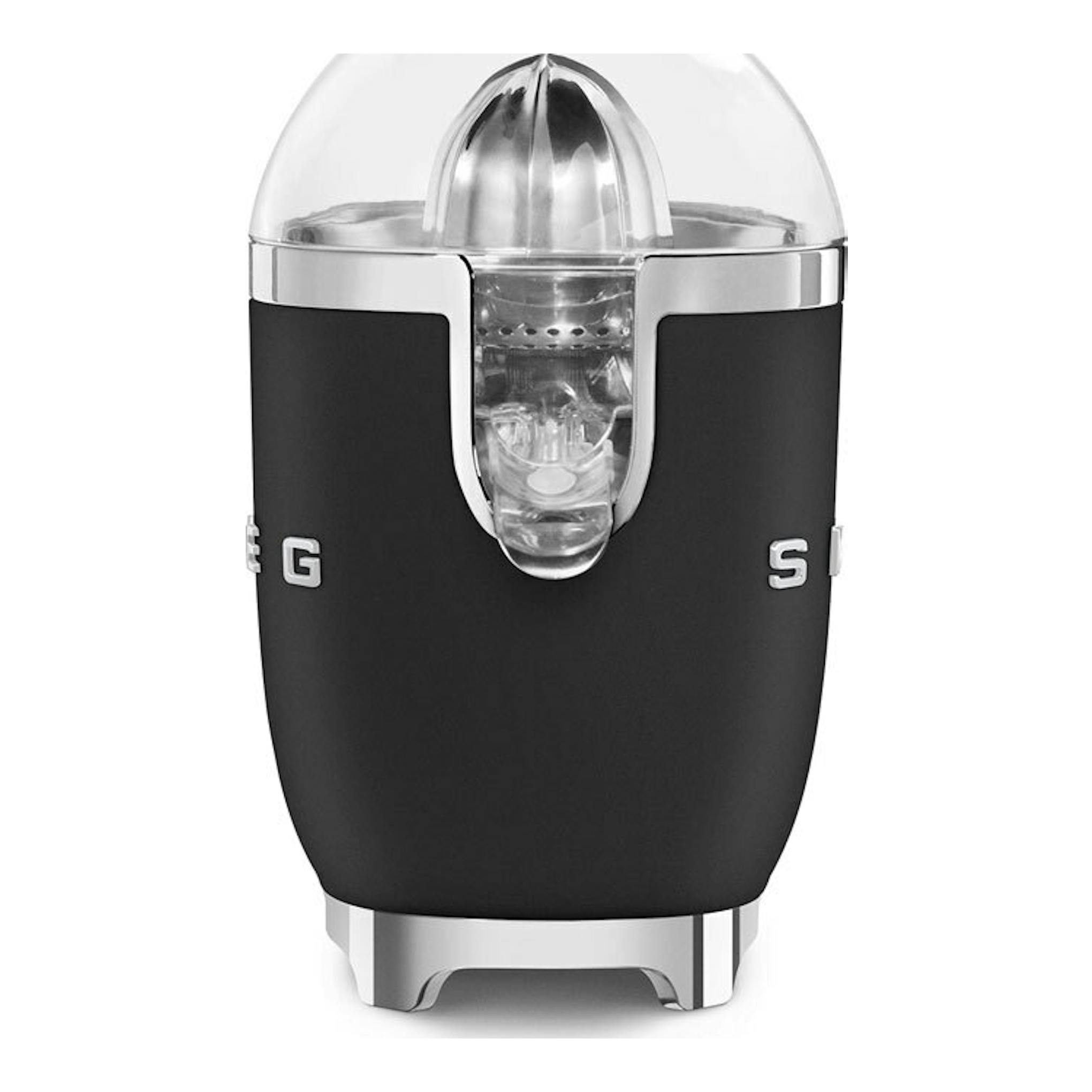 Exprimidor Smeg CJF01BLMEU negro mate, vista frontal, con cúpula transparente y detalles cromados.