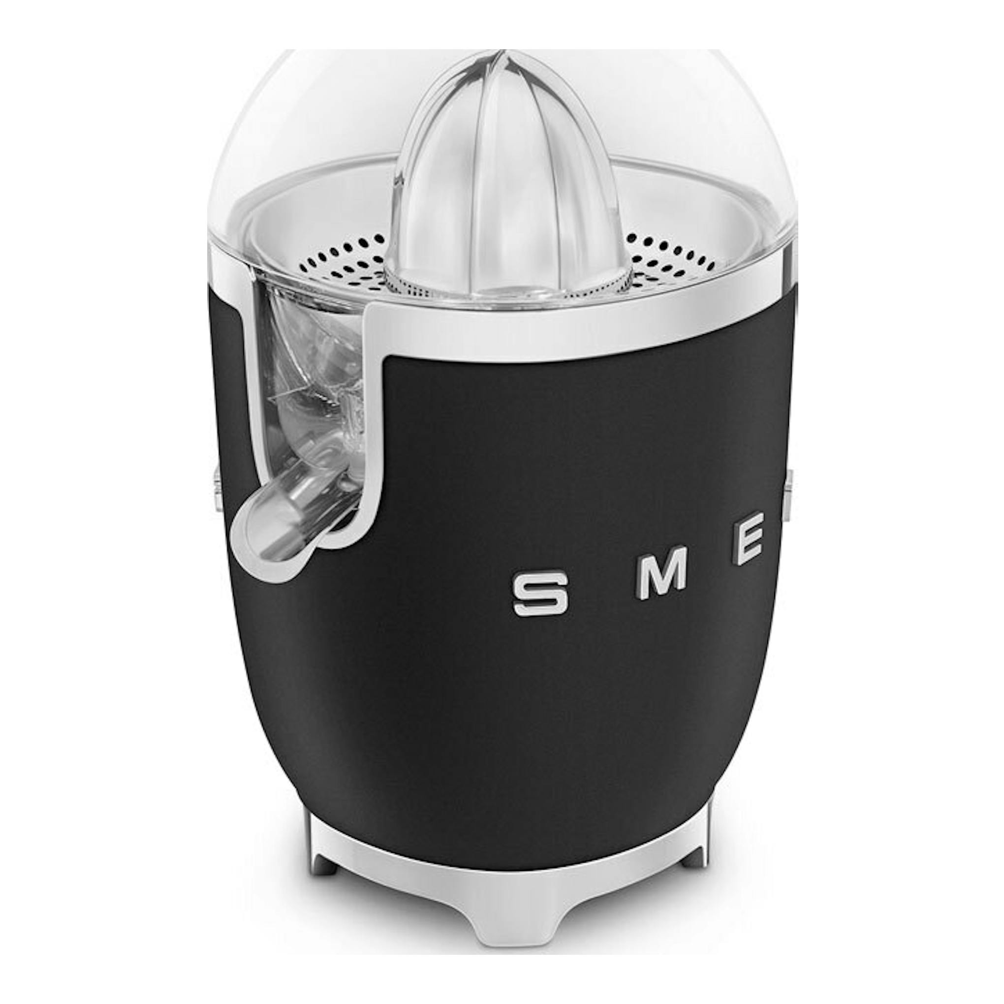 Exprimidor Smeg CJF01BLMEU negro mate con cúpula transparente, vista frontal.