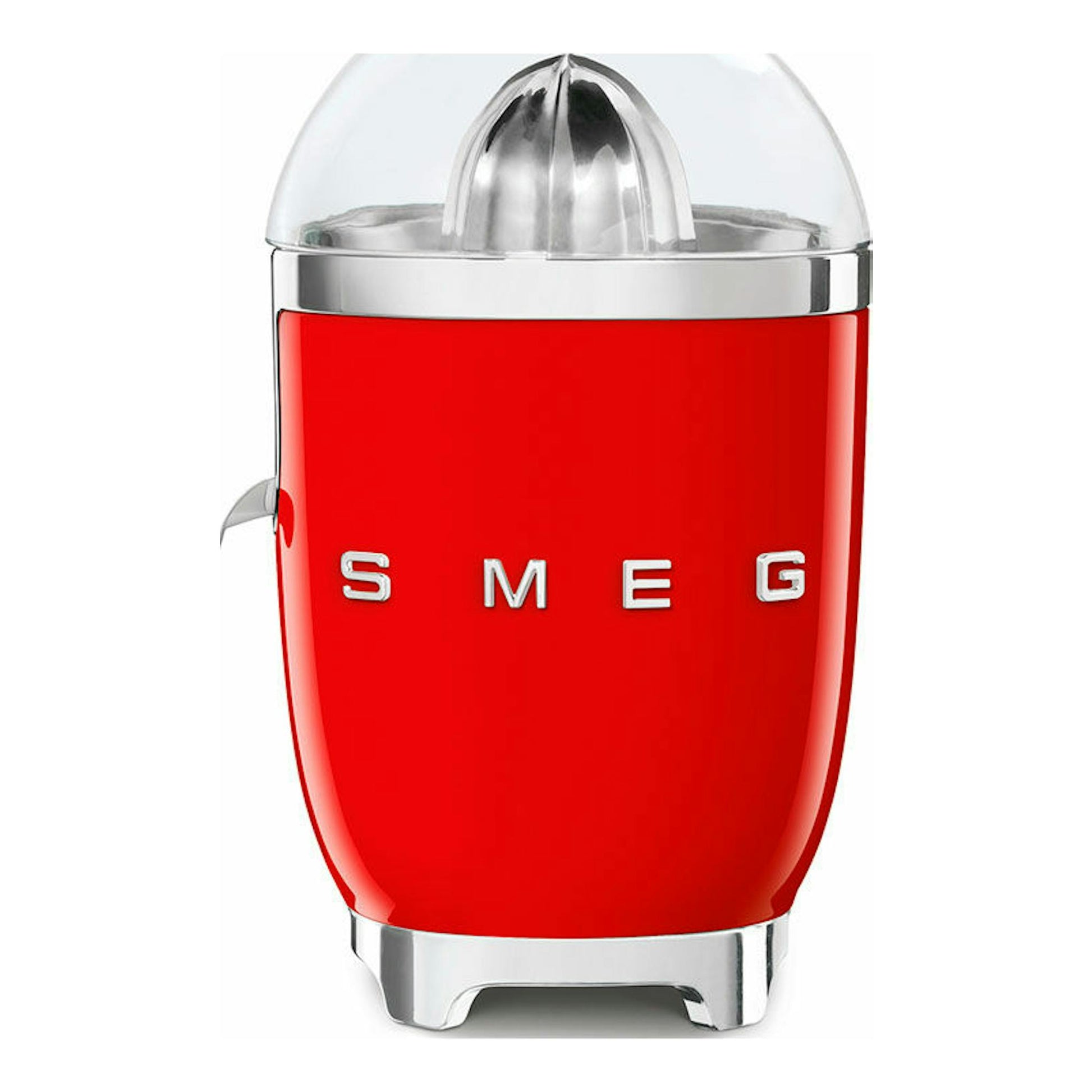 Exprimidor Smeg CJF01RDEU rojo, vista frontal, con cúpula transparente y detalles cromados.