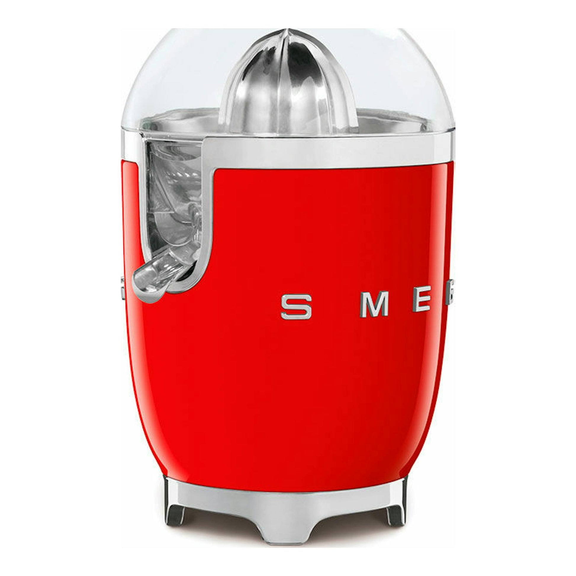 Exprimidor Smeg CJF01RDEU rojo, vista frontal, con tapa transparente y base cromada.