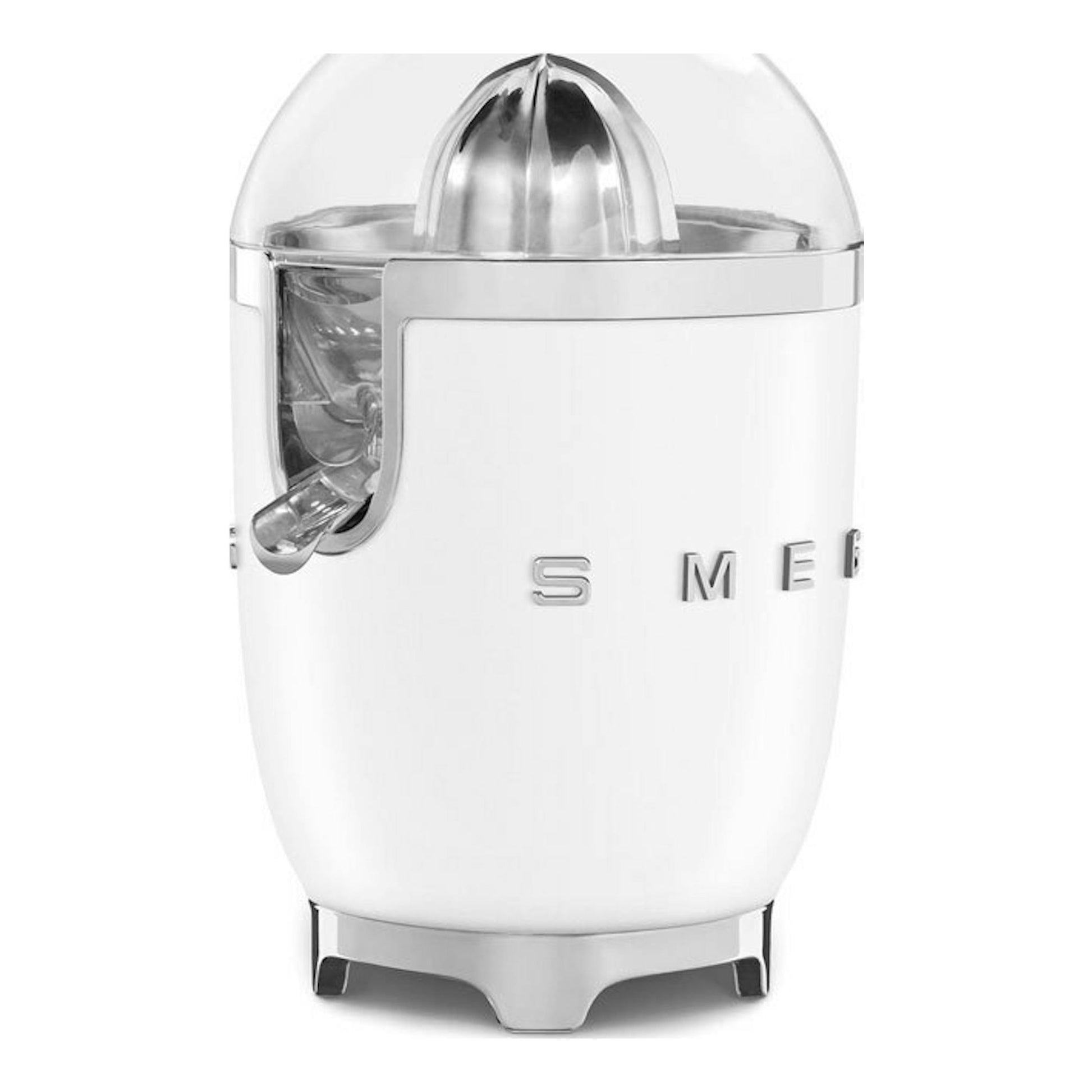 Exprimidor Smeg CJF01WHMEU blanco mate, vista frontal, con cúpula y detalles metálicos.