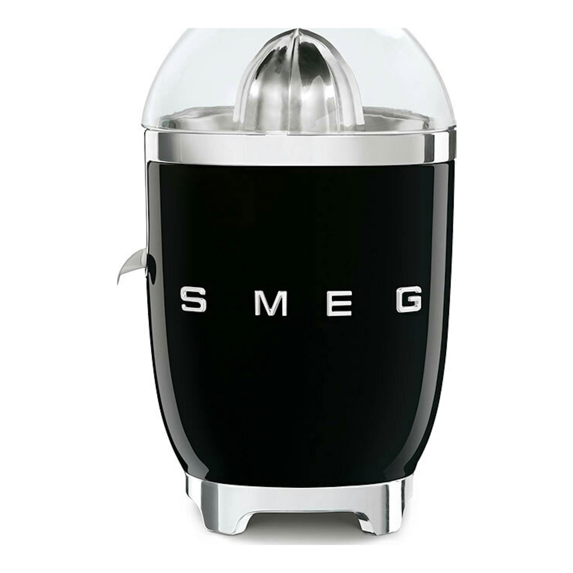 Exprimidor Smeg CJF11BLEU negro, vista frontal, con cúpula transparente y detalles cromados.