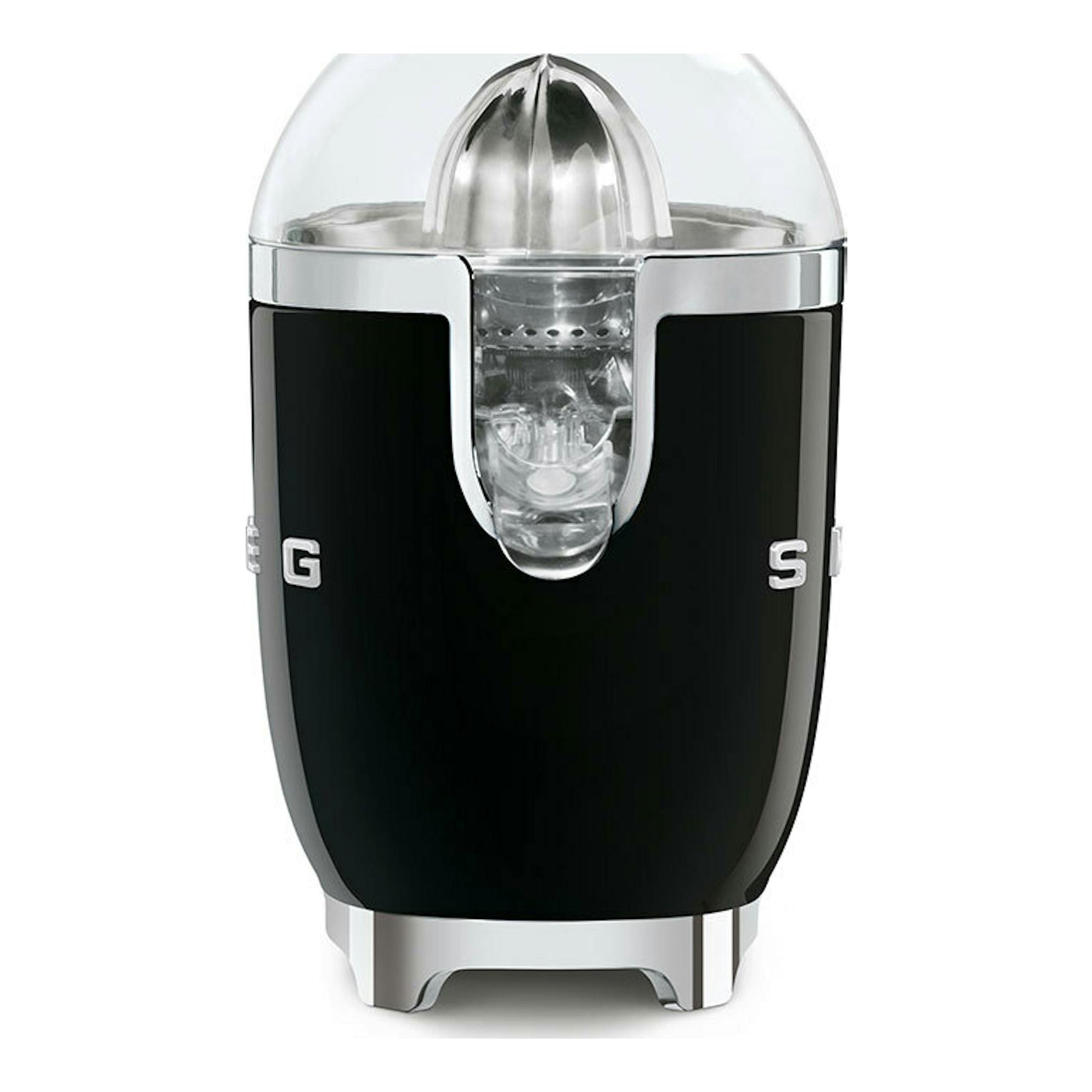 Exprimidor Smeg CJF11BLEU negro, vista frontal, con carcasa negra, detalles cromados y cúpula transparente.