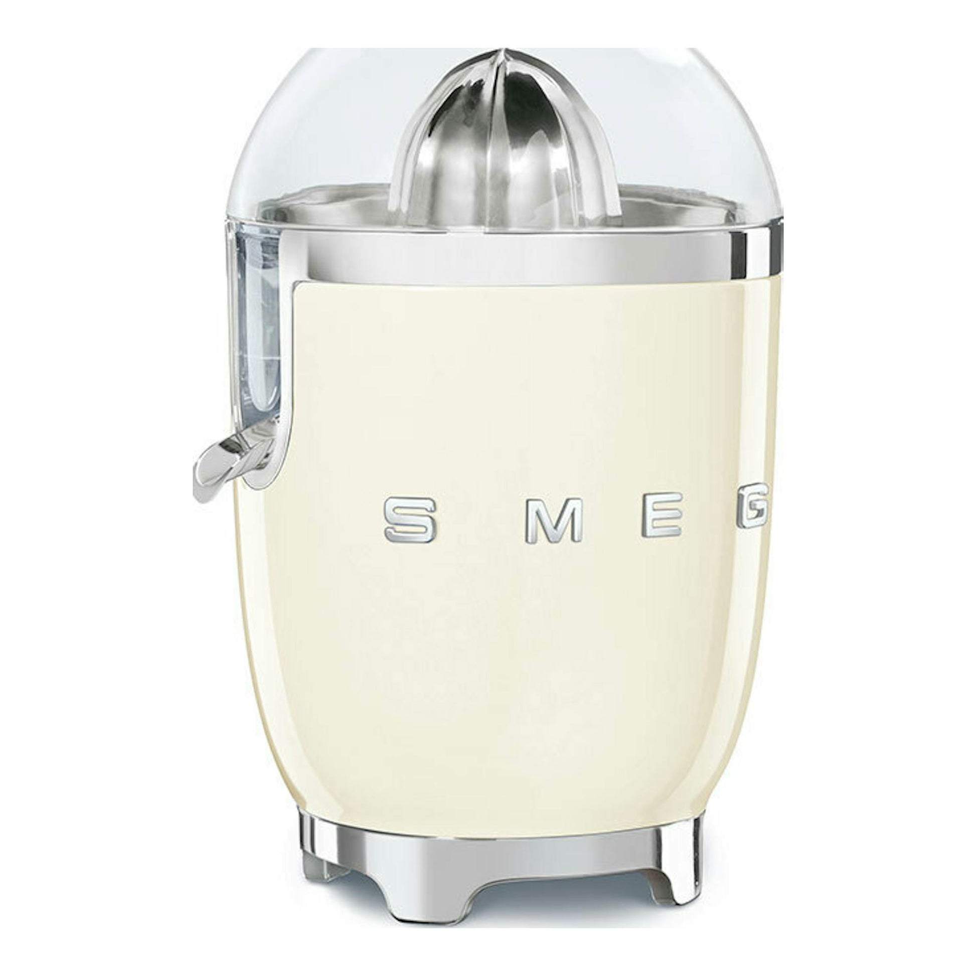 Exprimidor Smeg CJF11CREU crema, vista frontal, con cúpula transparente y detalles cromados.