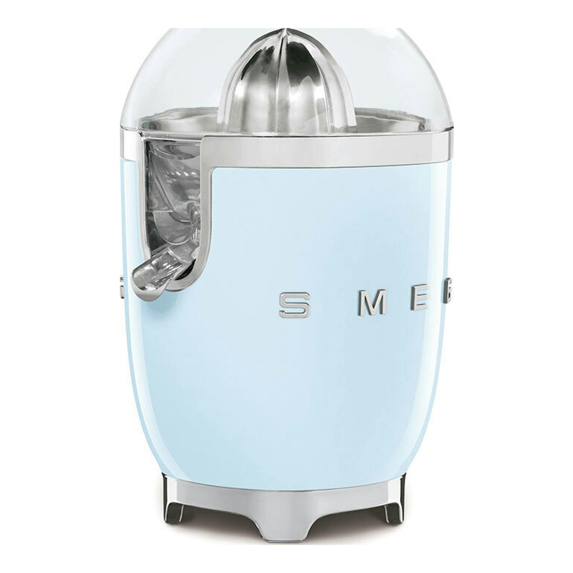 Exprimidor Smeg CJF11PBEU azul claro, vista frontal, con tapa transparente y detalles cromados.