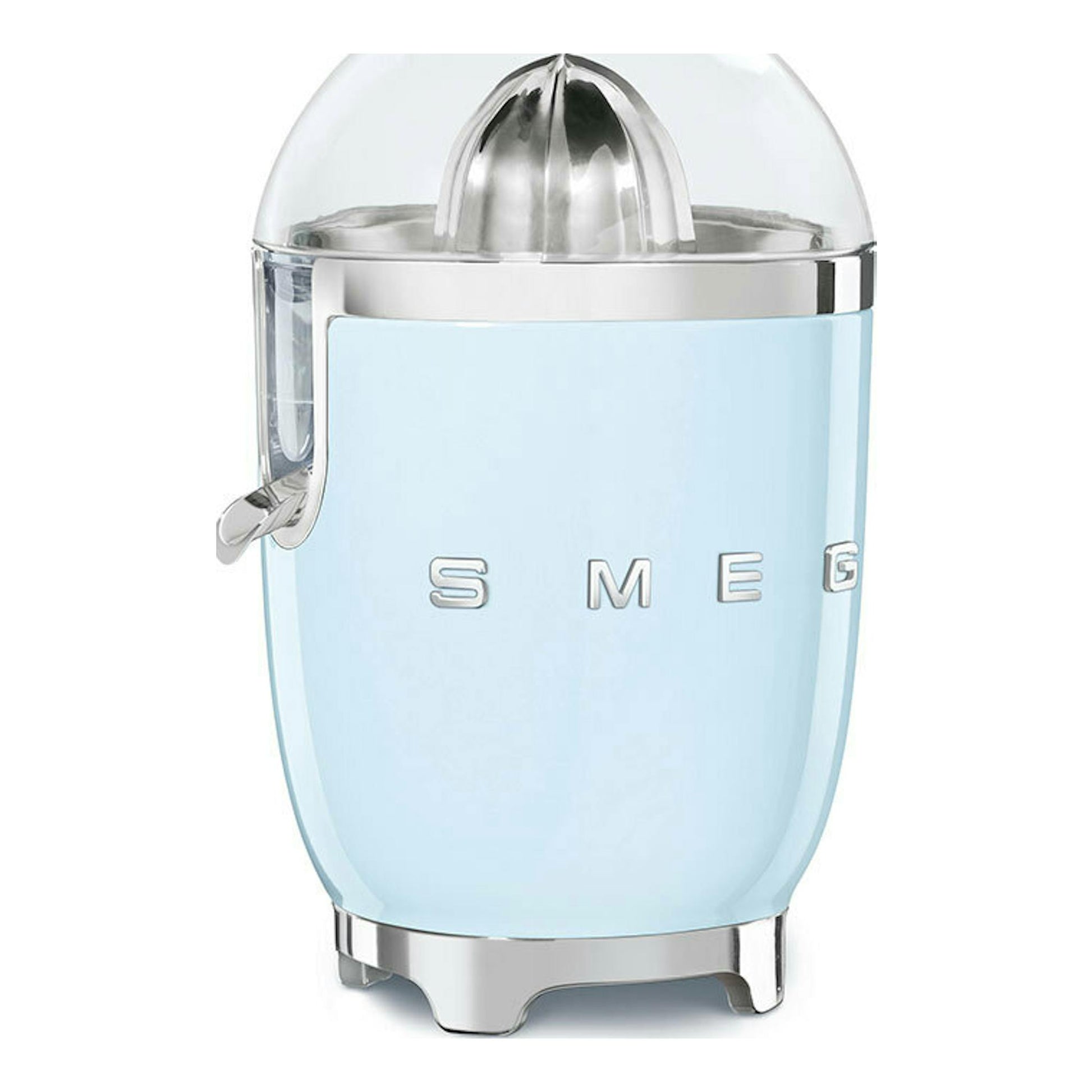 Exprimidor Smeg CJF11PBEU azul claro, vista frontal, con cúpula transparente y detalles cromados.