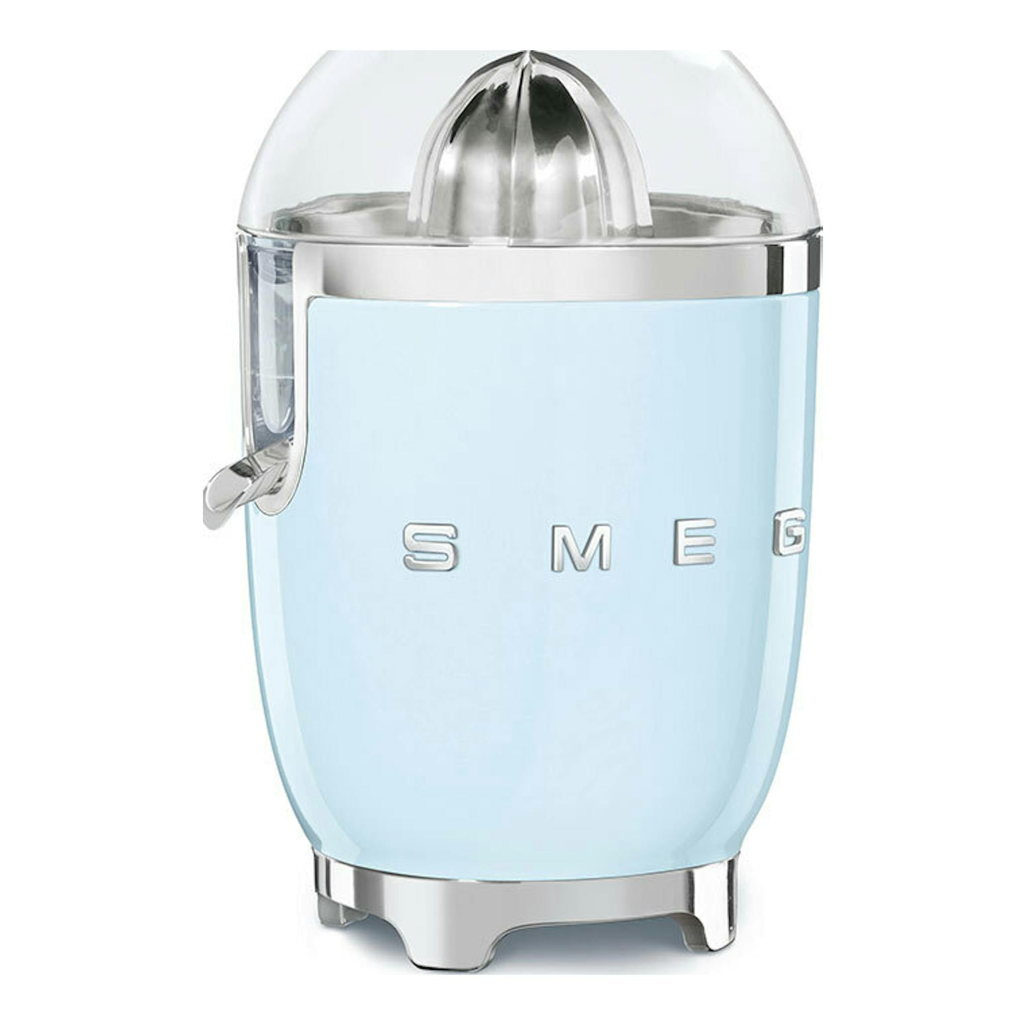 Exprimidor Smeg CJF11PBEU azul claro, vista frontal, con cúpula transparente y detalles cromados.