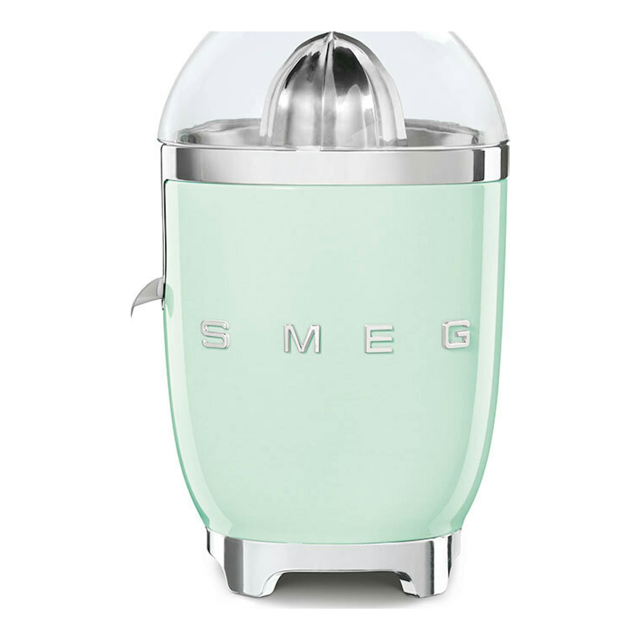 Exprimidor Smeg CJF11PGEU verde menta, vista frontal, con tapa transparente y detalles cromados.