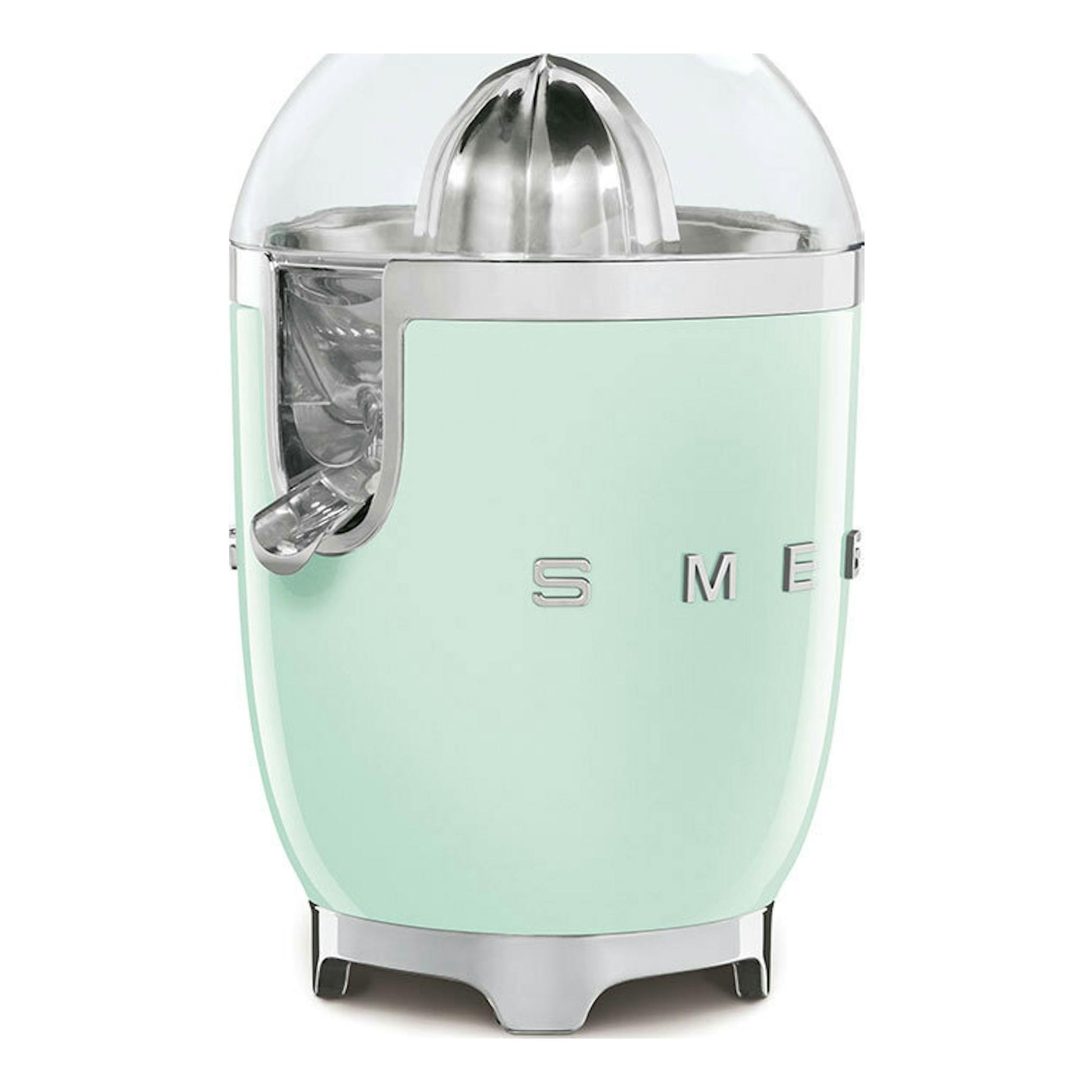 Exprimidor Smeg CJF11PGEU verde menta, vista frontal, con tapa transparente y detalles plateados.
