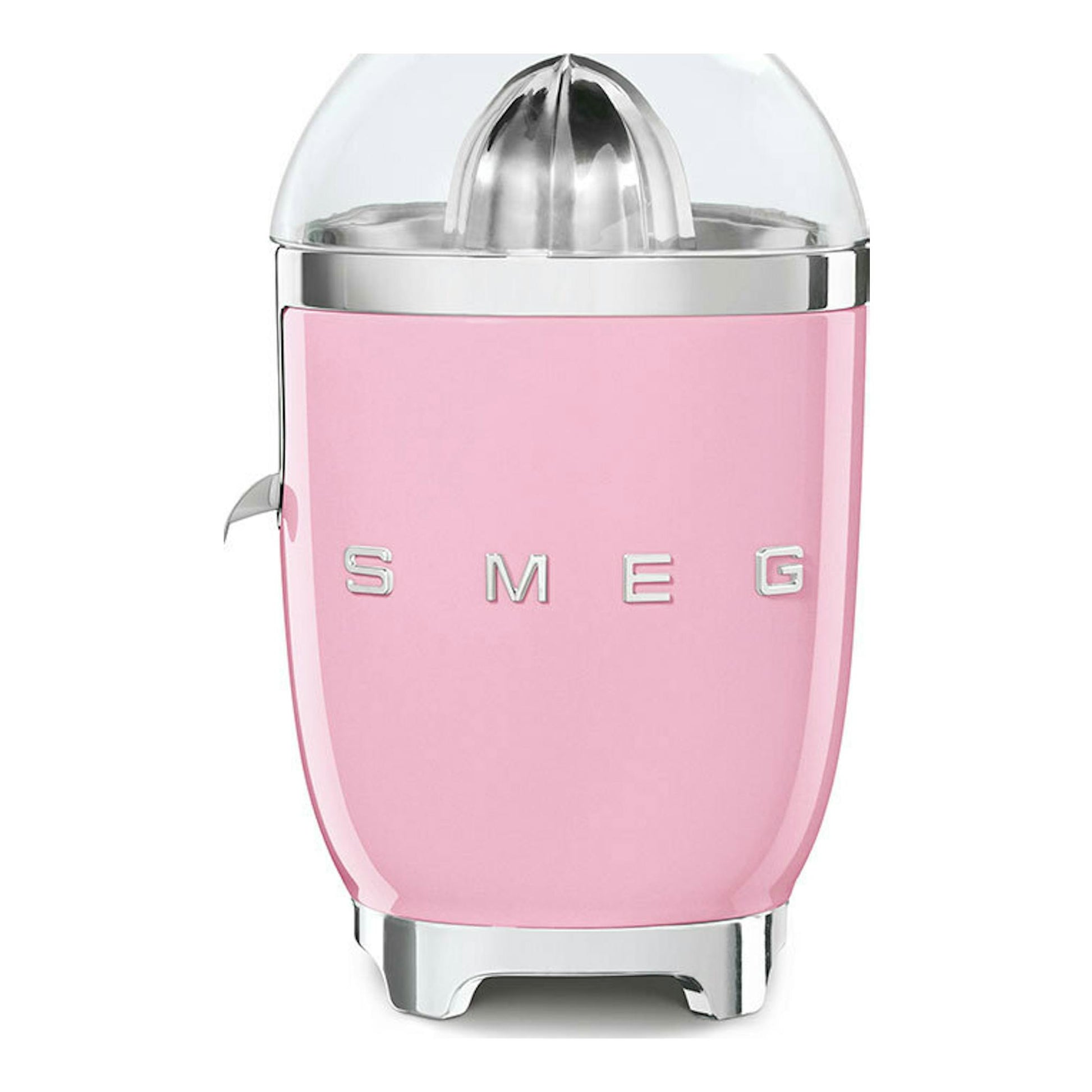 Exprimidor Smeg CJF11PKEU rosa, vista frontal, con tapa transparente y detalles plateados.