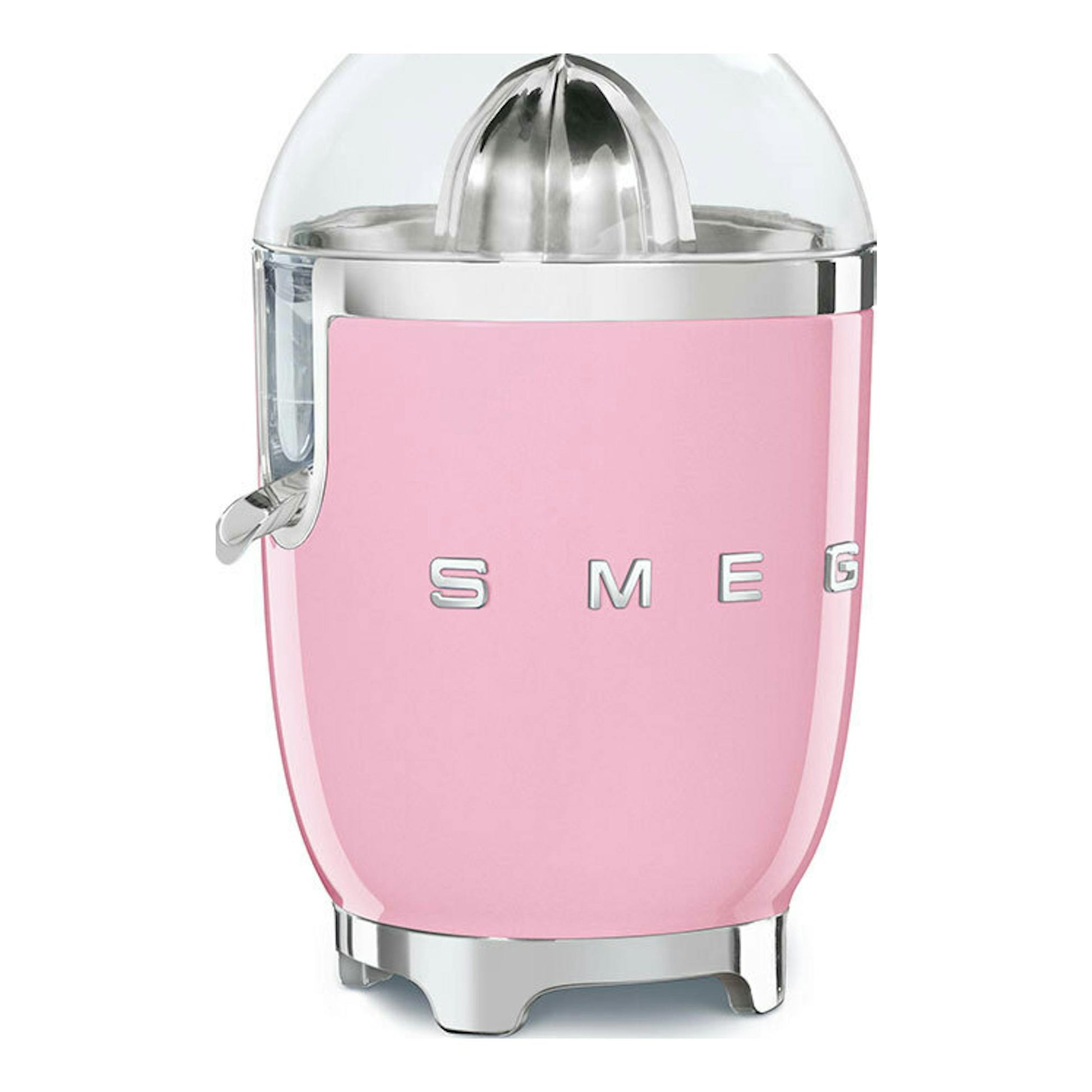 Exprimidor Smeg CJF11PKEU rosa, vista frontal, con tapa transparente y cuerpo metálico.