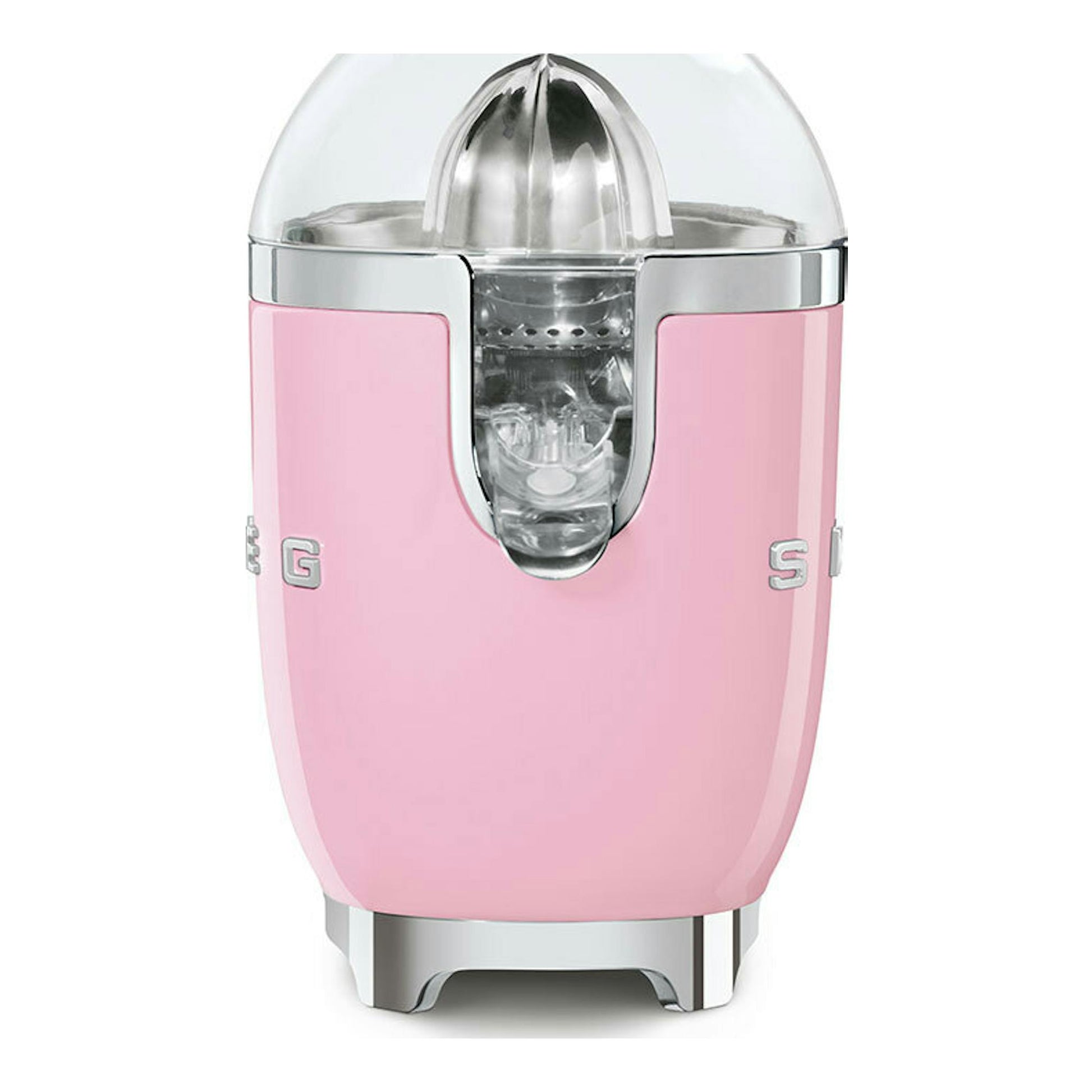 Exprimidor Smeg CJF11PKEU rosa, vista frontal, con tapa transparente y detalles plateados.