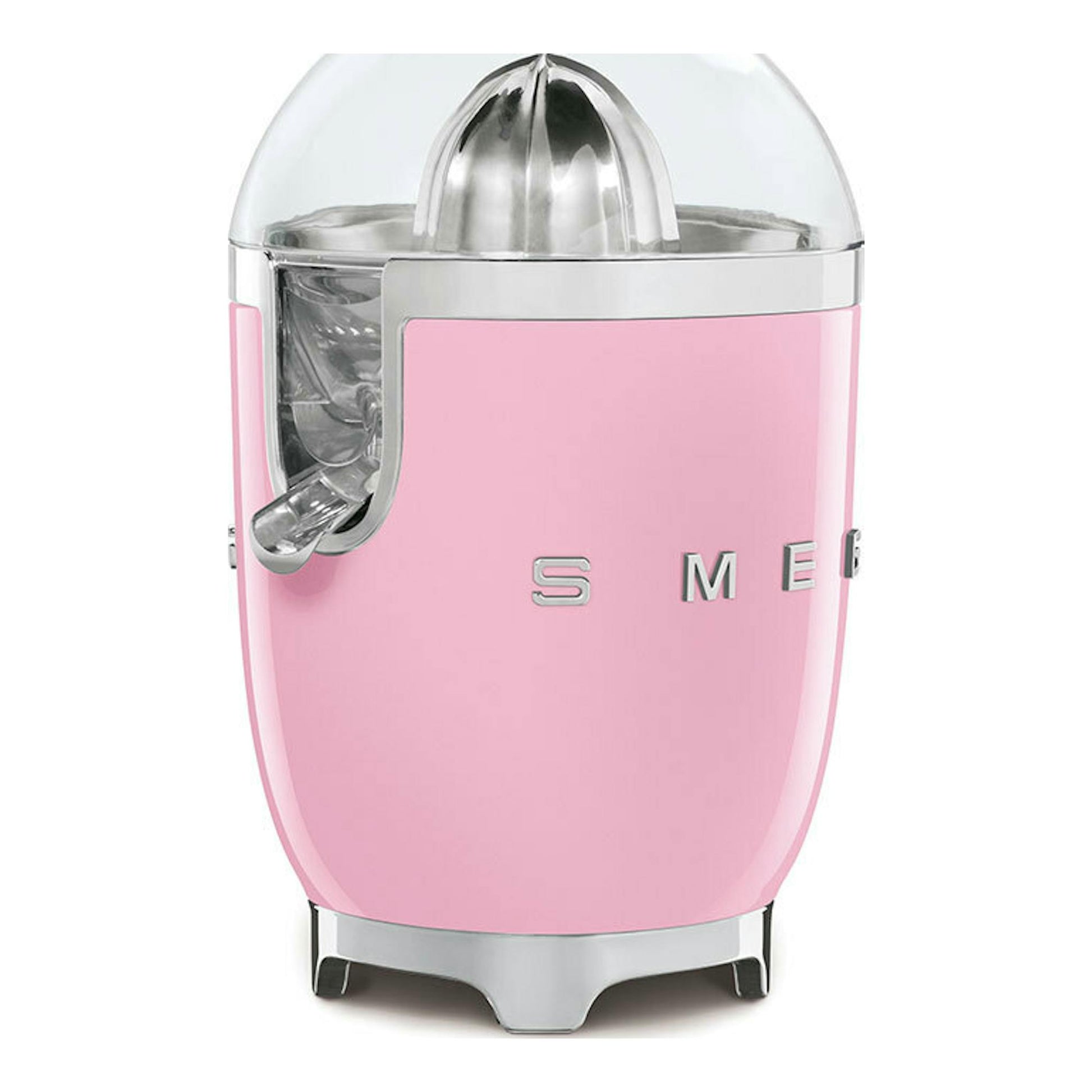 Exprimidor Smeg CJF11PKEU rosa, vista frontal, con tapa transparente y base metálica.