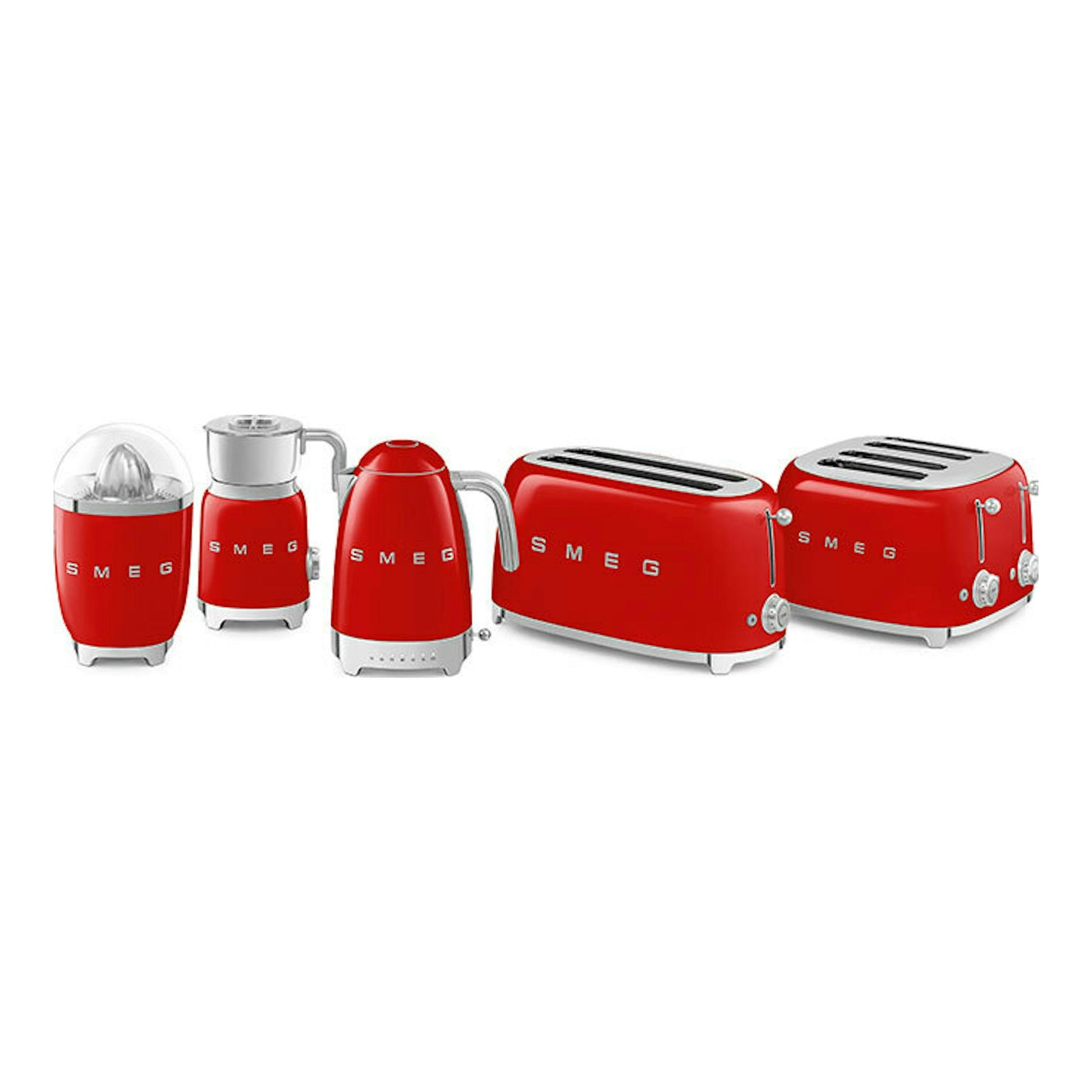 Exprimidor Smeg CJF11RDEU rojo, junto a otros electrodomésticos Smeg, vista frontal sobre fondo blanco.