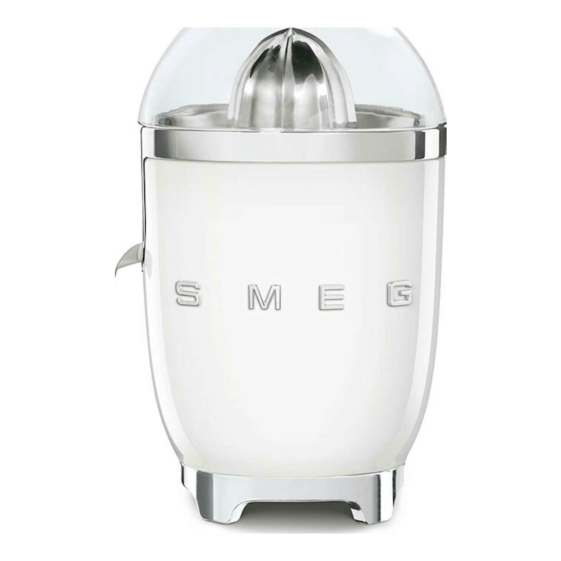 Exprimidor Smeg CJF11WHEU blanco, vista frontal, con tapa transparente y detalles cromados.