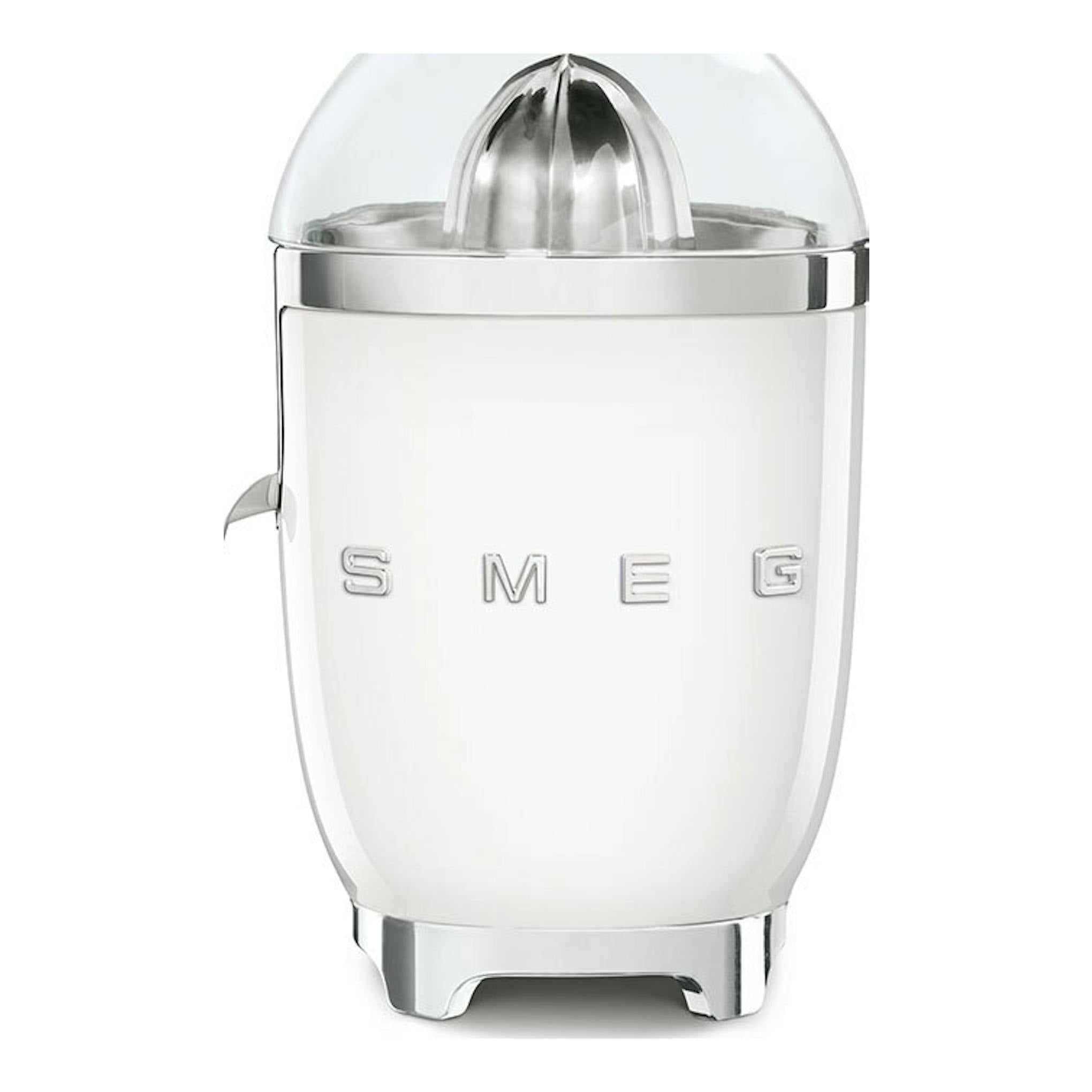 Exprimidor Smeg CJF11WHEU blanco, vista frontal, con tapa transparente y detalles cromados.