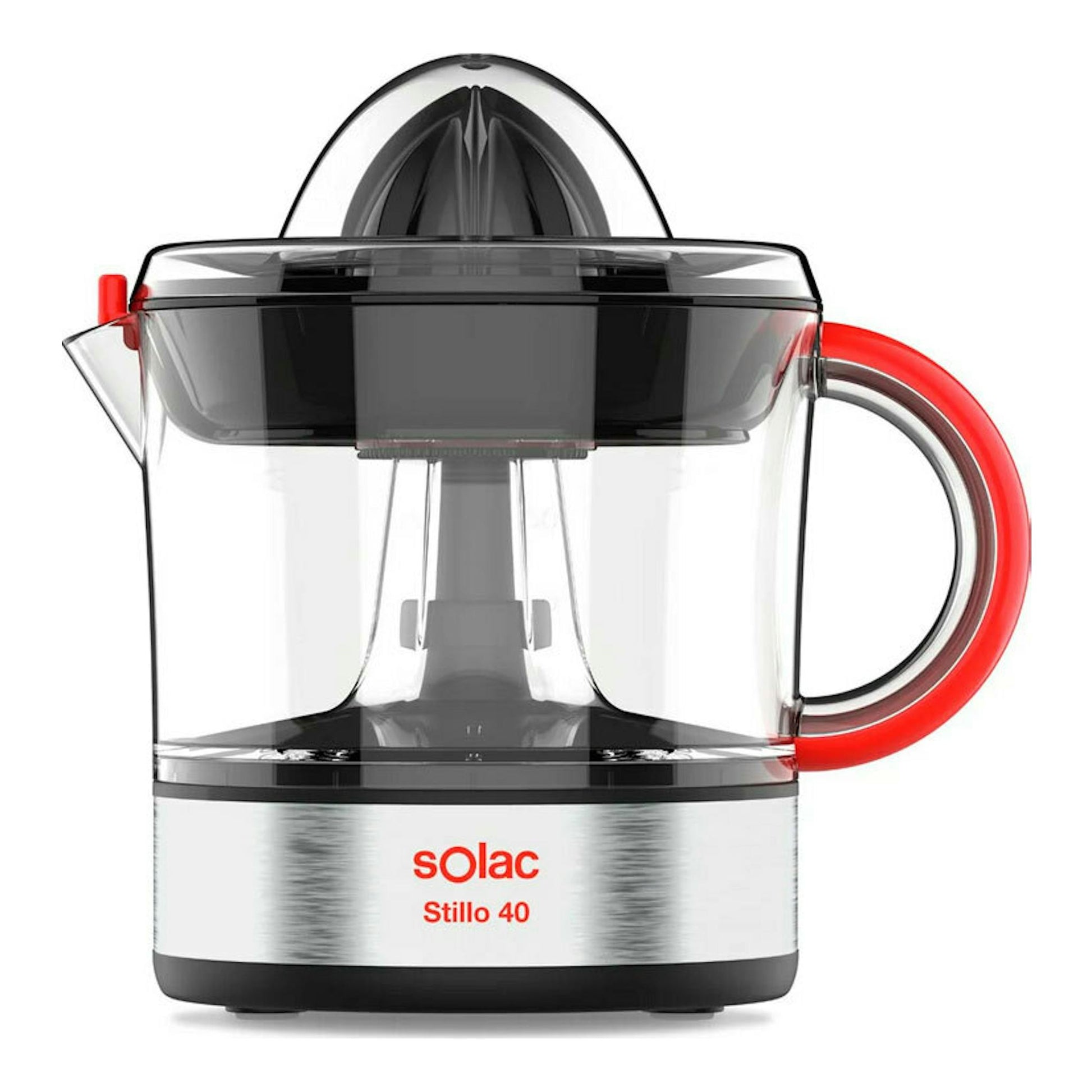 Exprimidor Solac Stillo 40, vista frontal, cuerpo transparente y detalles rojos.
