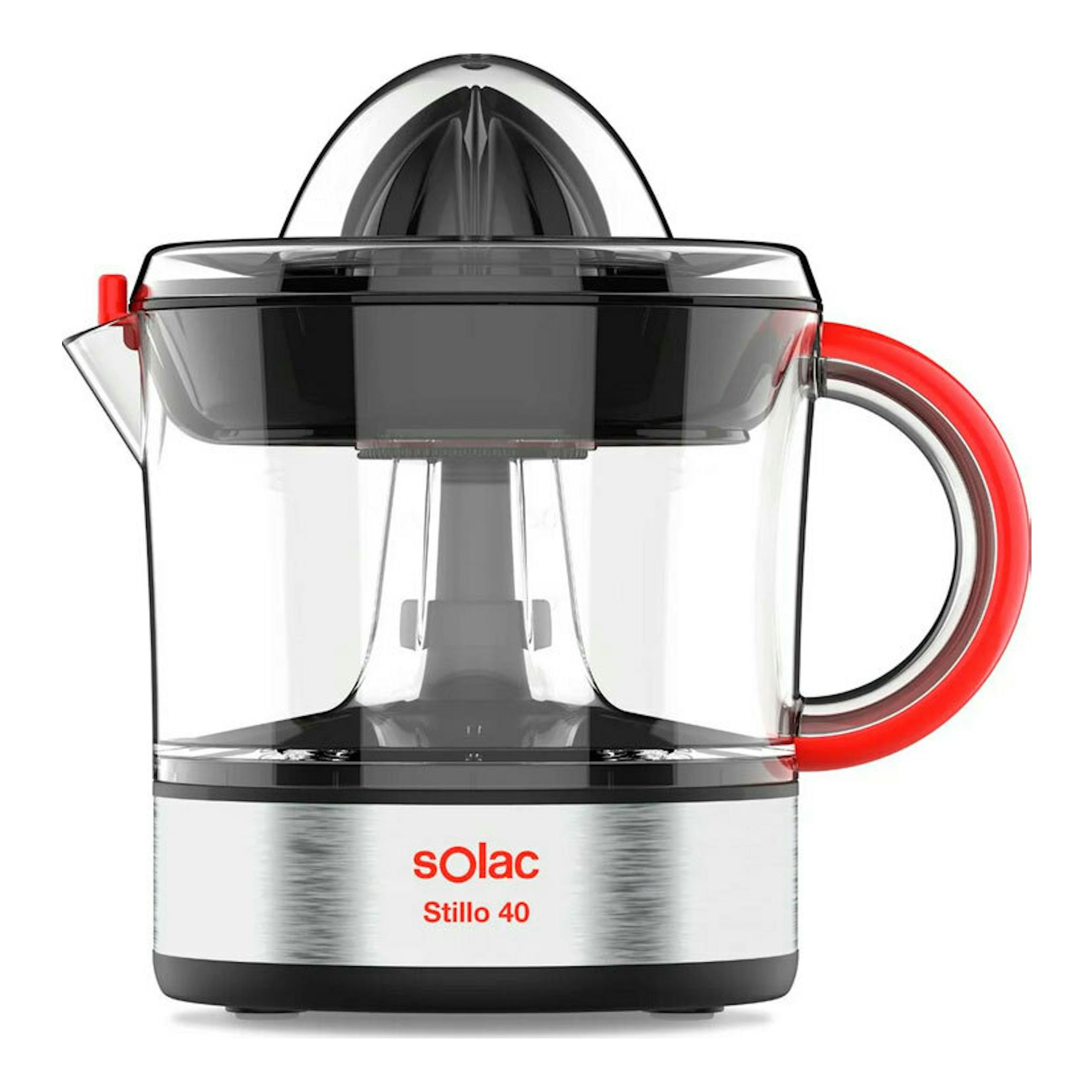 Exprimidor Solac Stillo 40, vista frontal, cuerpo transparente y detalles rojos.