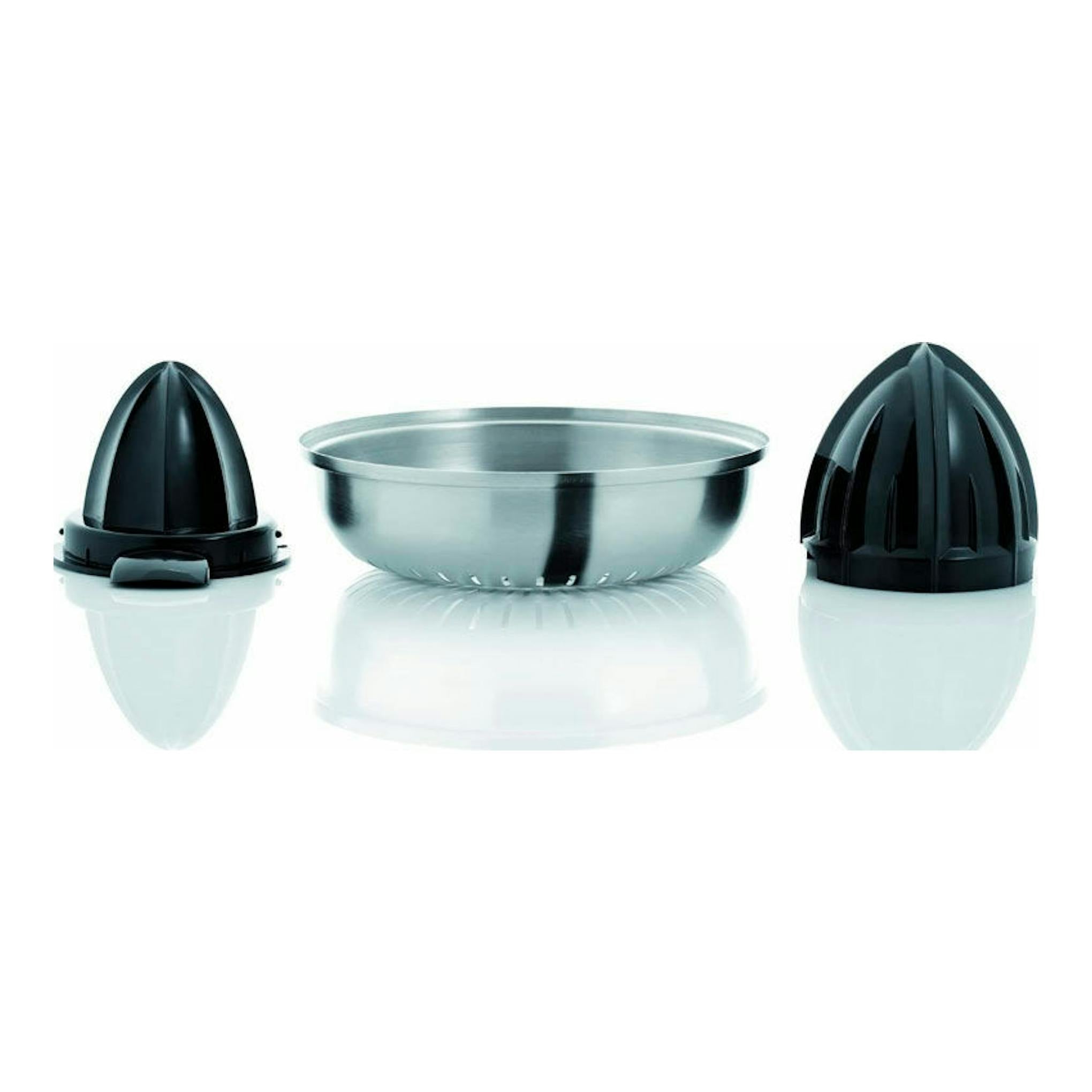 Exprimidor WMF STELIO en vista frontal, con dos conos negros y cuenco de acero inoxidable.
