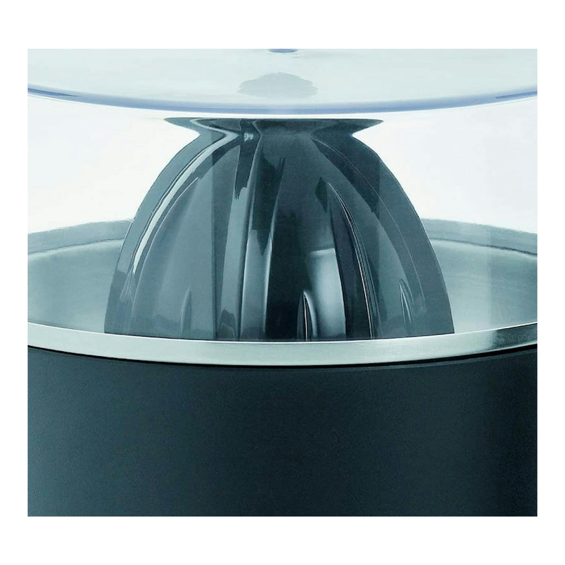 Exprimidor WMF STELIO, primer plano del cono y borde plateado, en negro y blanco.