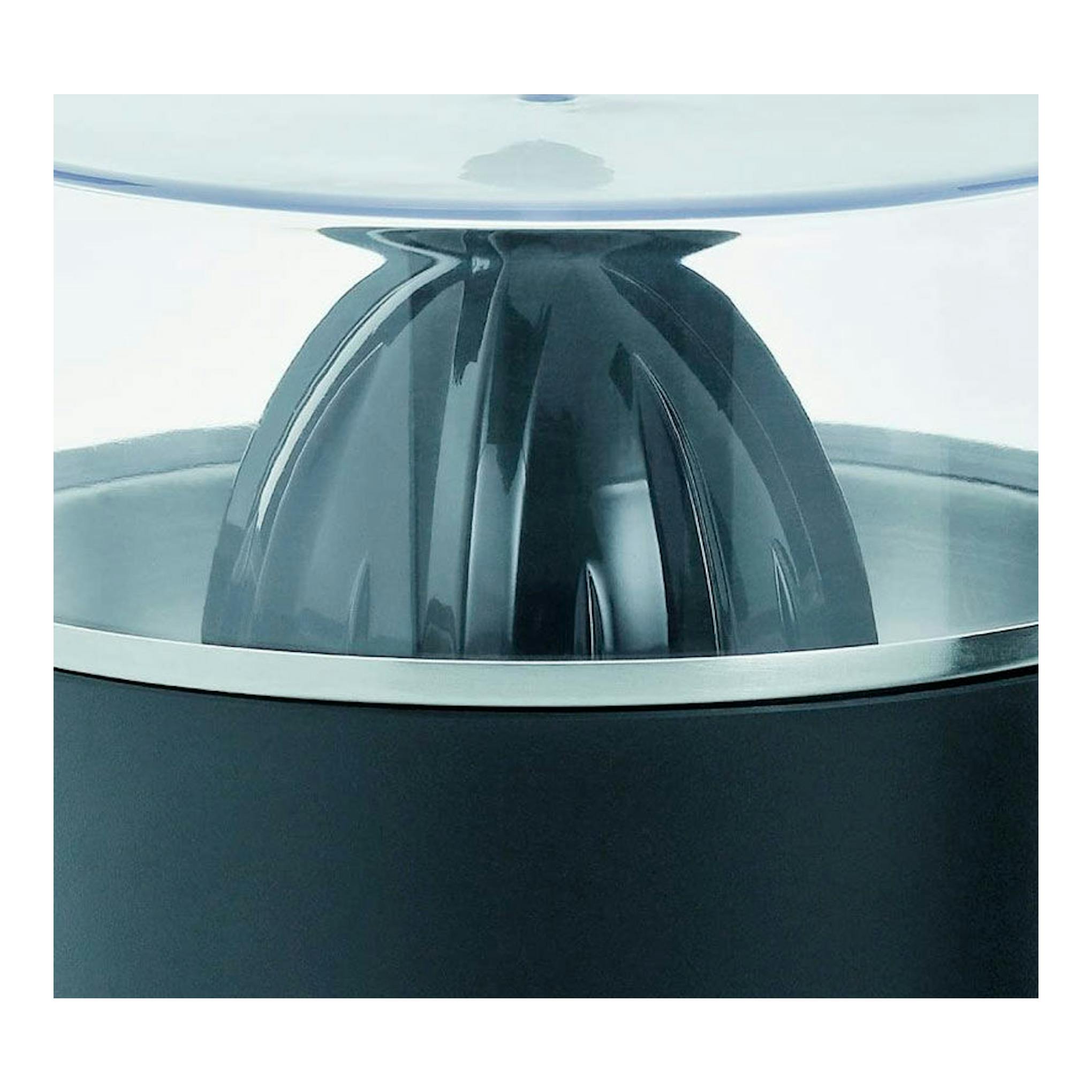 Exprimidor WMF STELIO, primer plano del cono y borde plateado, en negro y blanco.